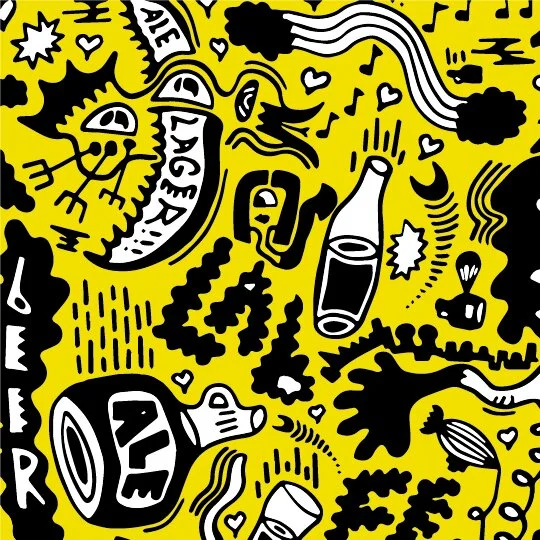 A vibrant, doodle-style illustration with yellow background and black and white cartoon elements including a cat, moon, spray paint can, beer mug, and various abstract shapes and hearts.