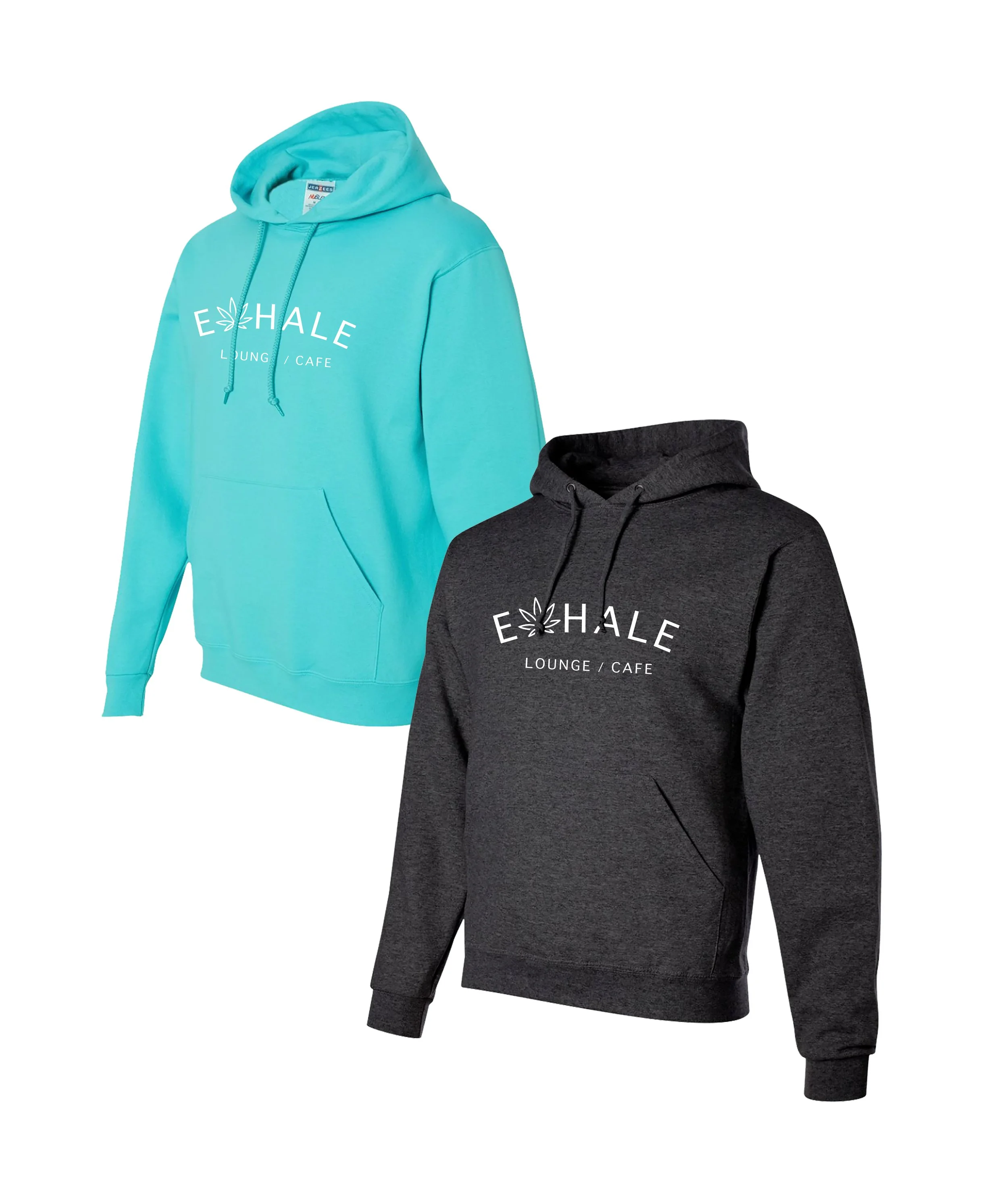 Two hooded sweatshirts, one turquoise with white text and logo, the other dark gray with similar branding, shown against a plain background.