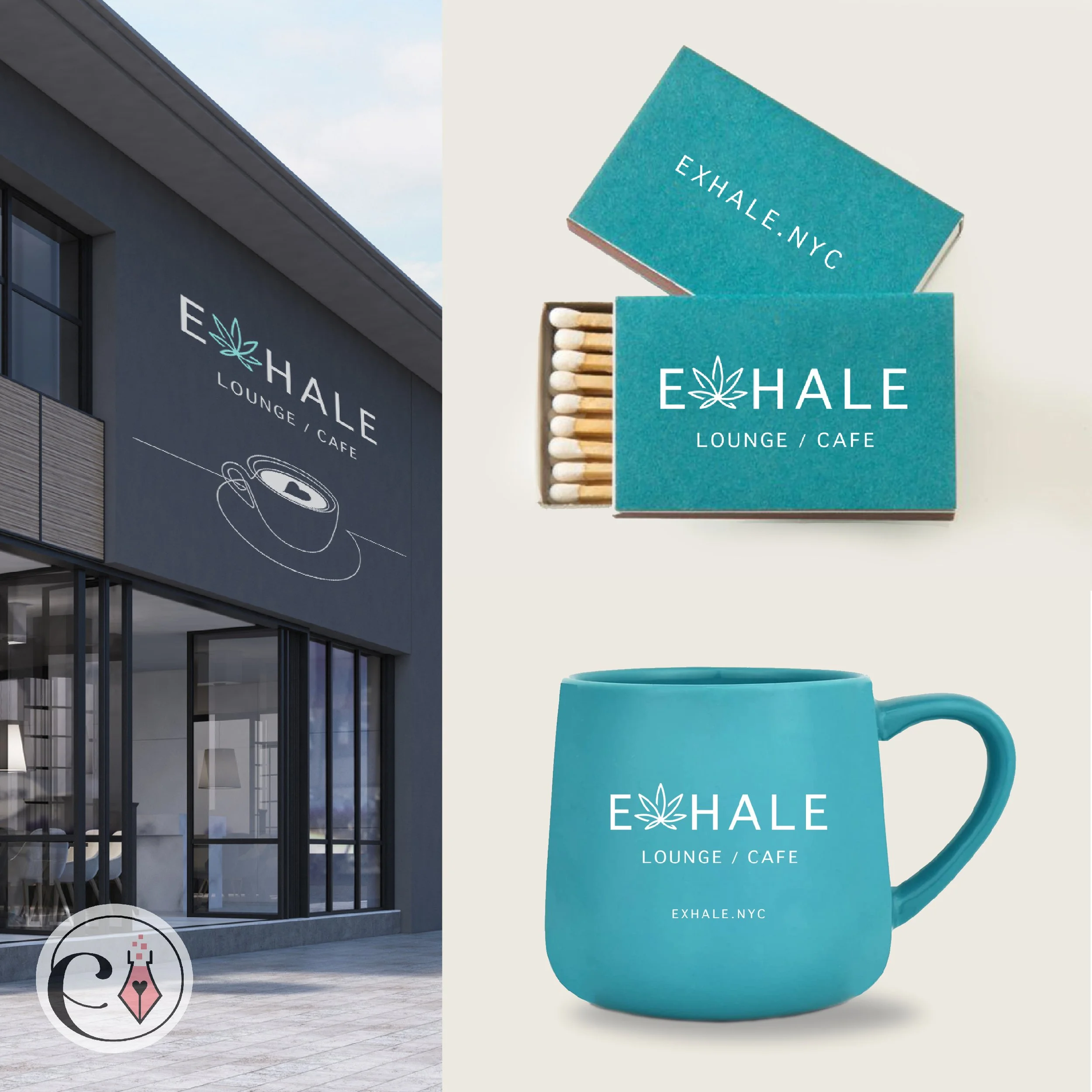 A blue coffee mug with the logo "EXHALE" and a leaf design, placed next to matchsticks and a blue box with the same logo, on a white background.