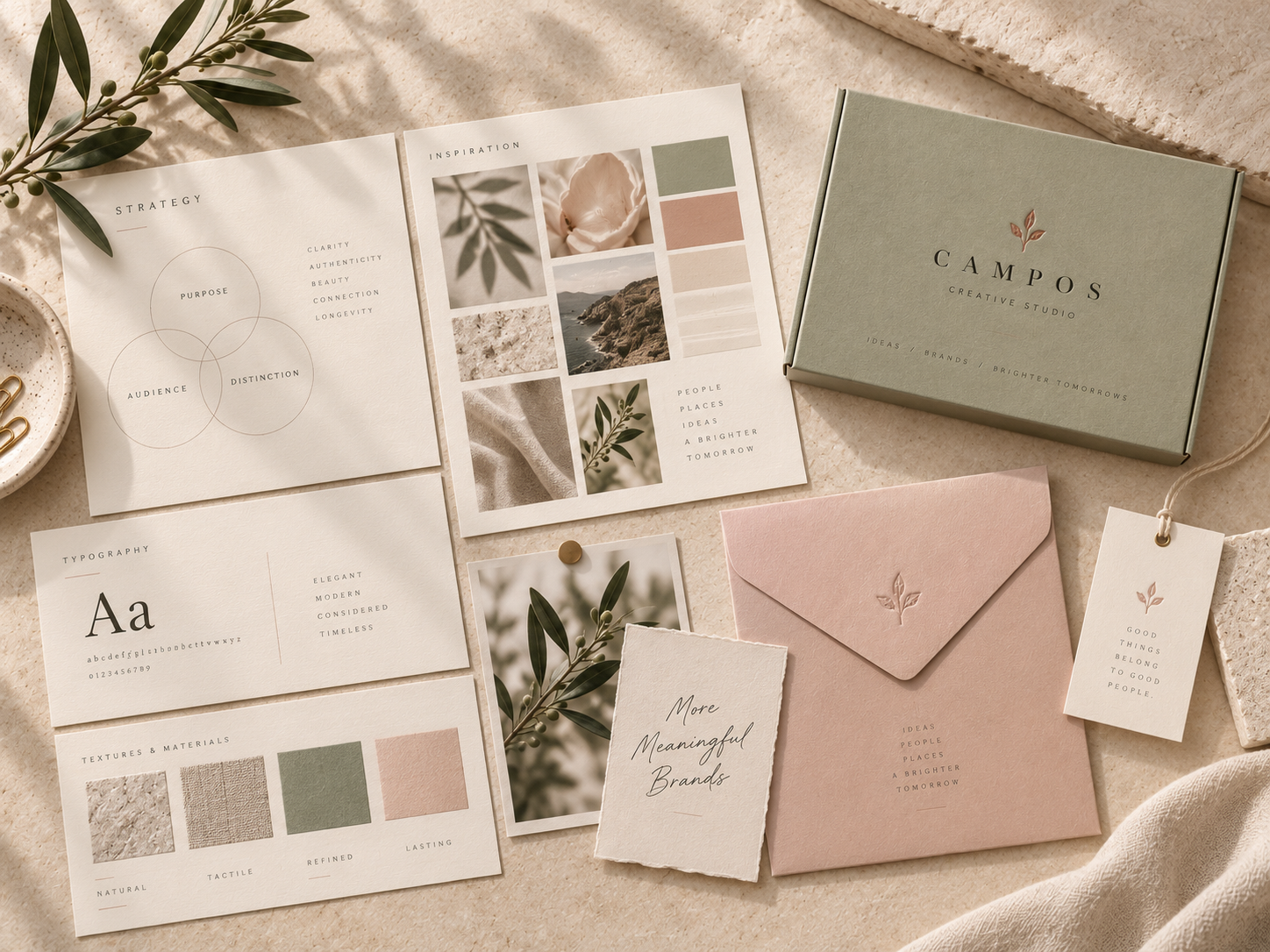 Flat lay of branding materials including a green box labeled 'Campos Creative Studio,' a pink envelope, a small card that says 'More Meaningful Brands,' and various papers with typography, color swatches, and design concepts on a beige textured surface with olive branches and a small dish of gold paper clips.