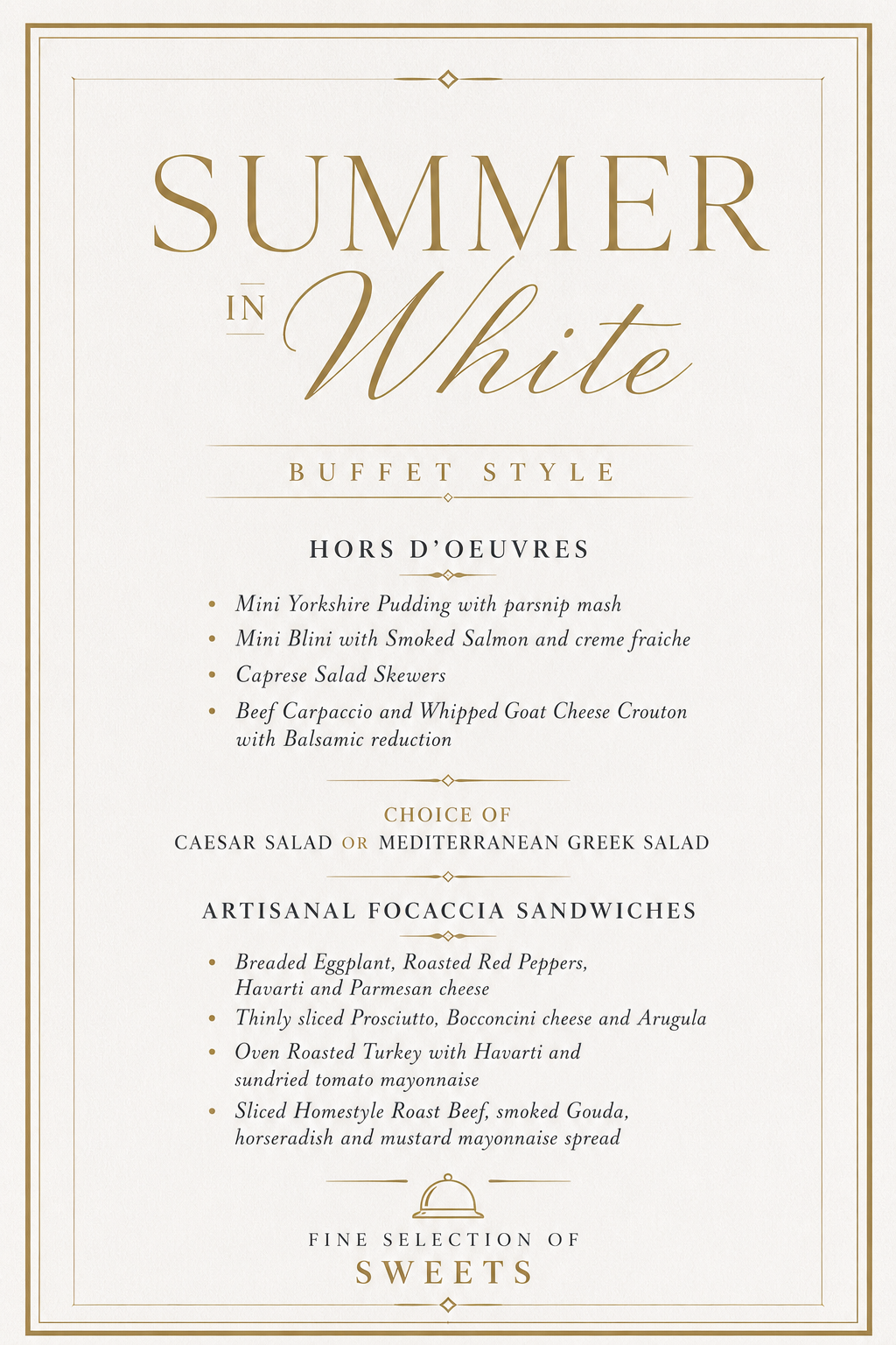 Menu titled 'Summer in White' featuring a buffet style with hors d'oeuvres, salads, artisan sandwiches, and sweets.