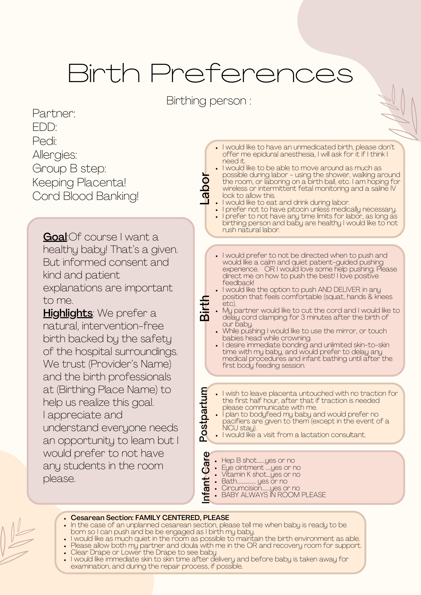 Birth Preferences — Somatic Birthwork
