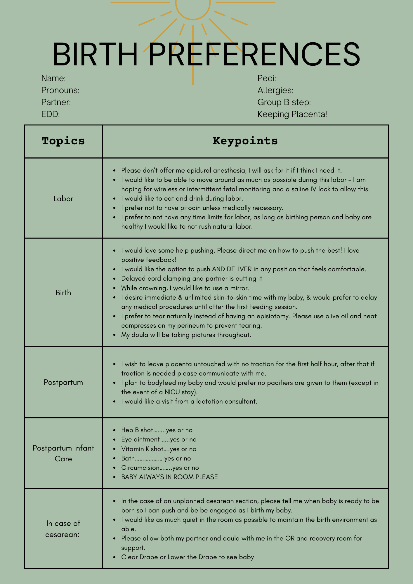 Birth Preferences — Somatic Birthwork