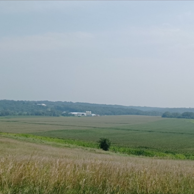 Early Morning Harvest farmland with green fields and the farm building in the distance under a cloudy sky.
