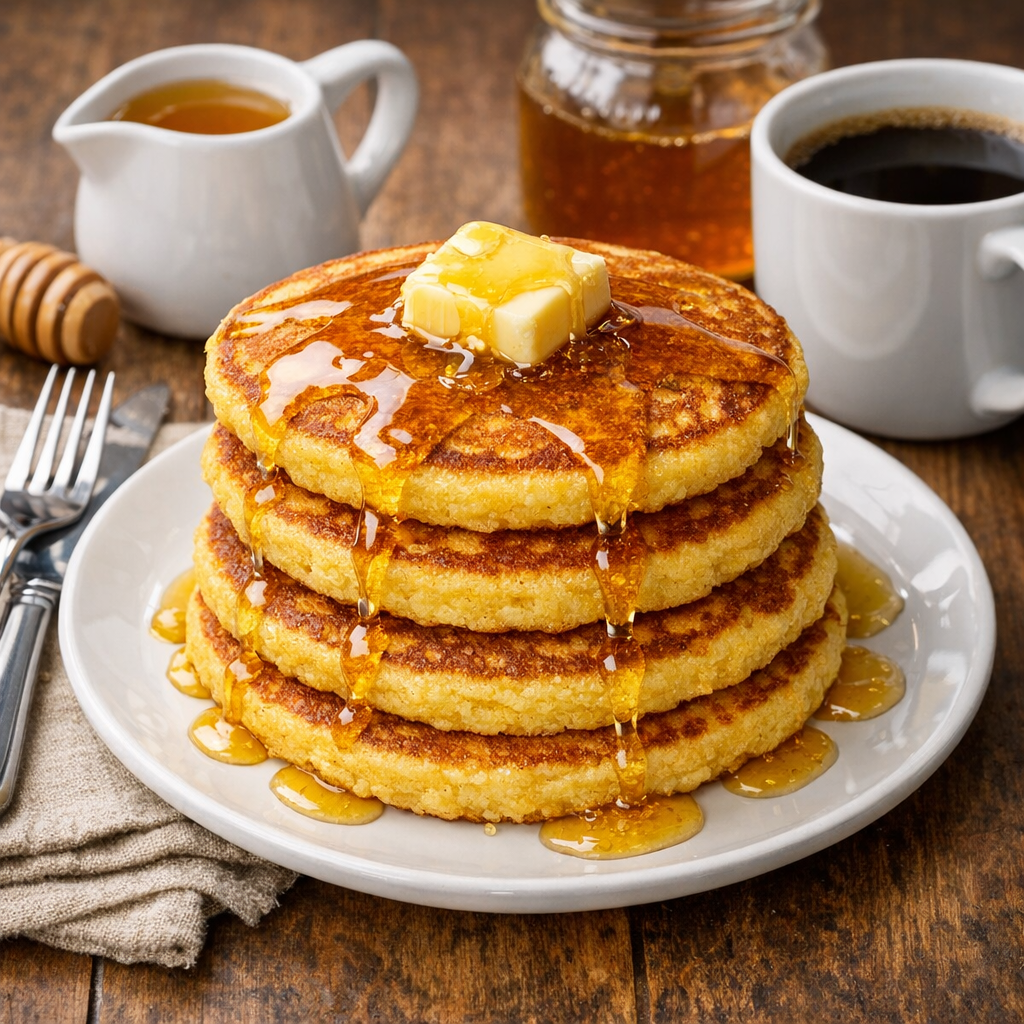 Stone-Ground Cornmeal Pancakes                                with Honey Drizzle