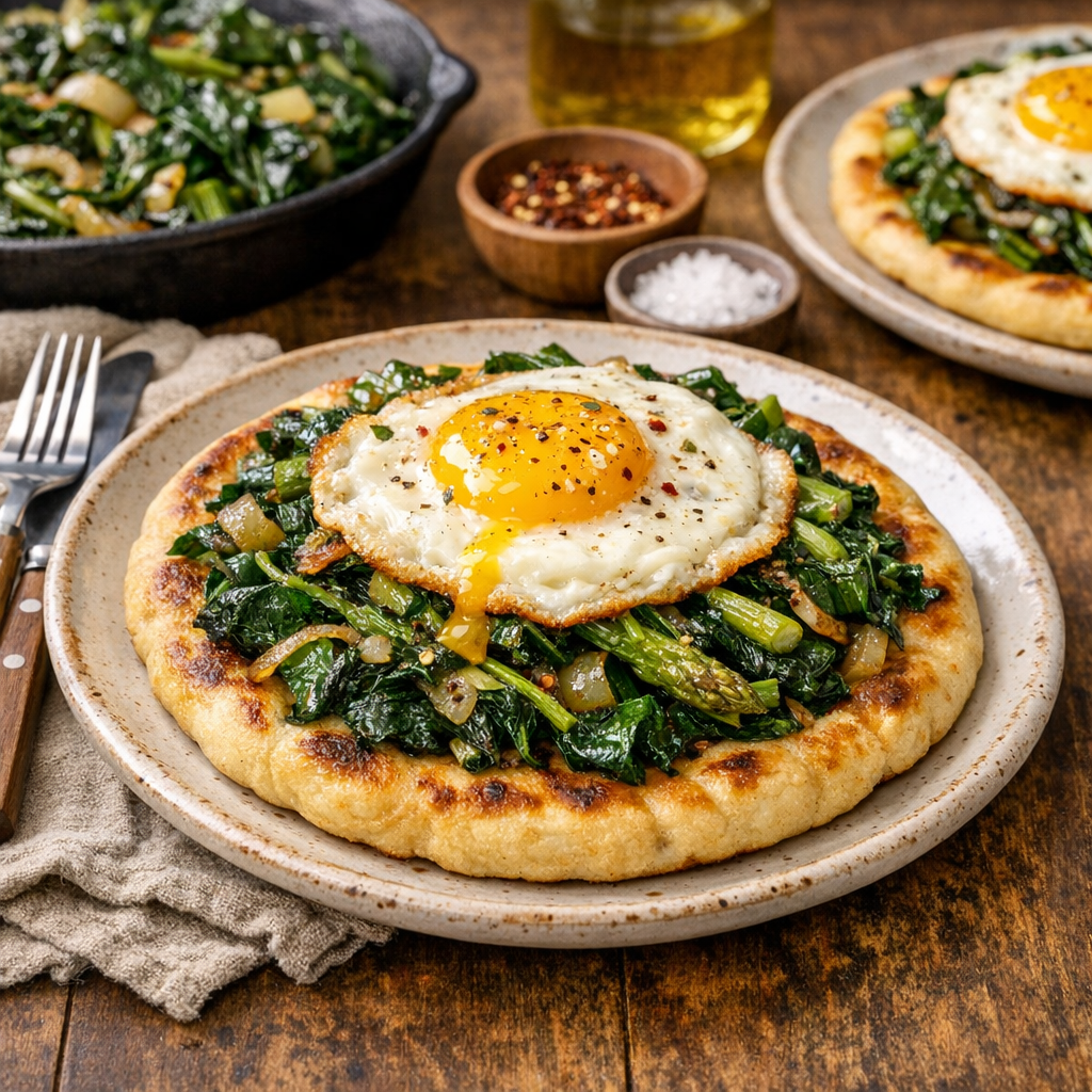 Skillet Flatbreads with                                                Sautéed Spring Greens &amp; Fried Eggs