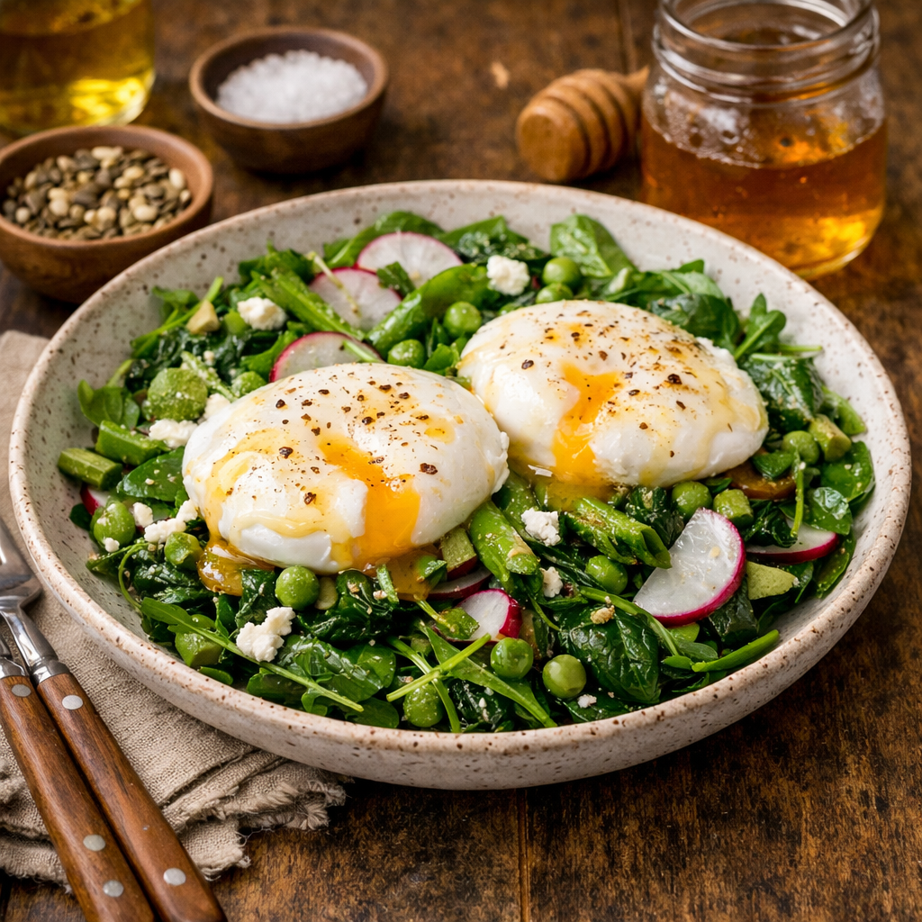 Spring Greens Salad                                                          with Honey-Poached Eggs