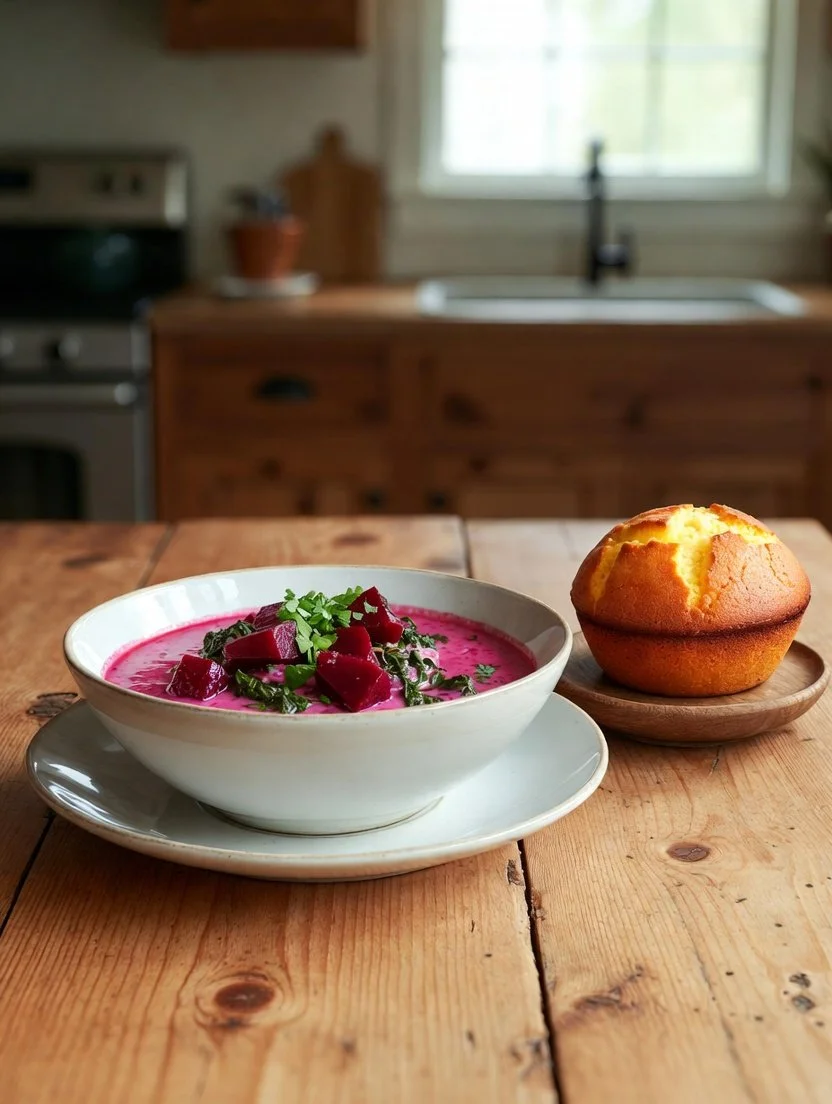 Creamy Beet &amp; Spinach Chowder with                     Early Morning Harvest Cornbread