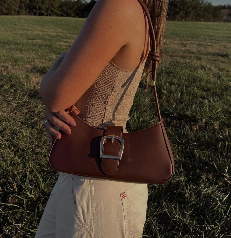 Brown Buckle Baguette Purse
