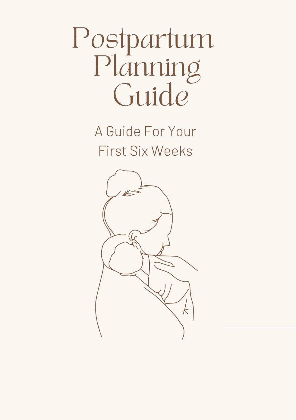Cover of a postpartum planning guide featuring a line drawing of a woman holding a baby.