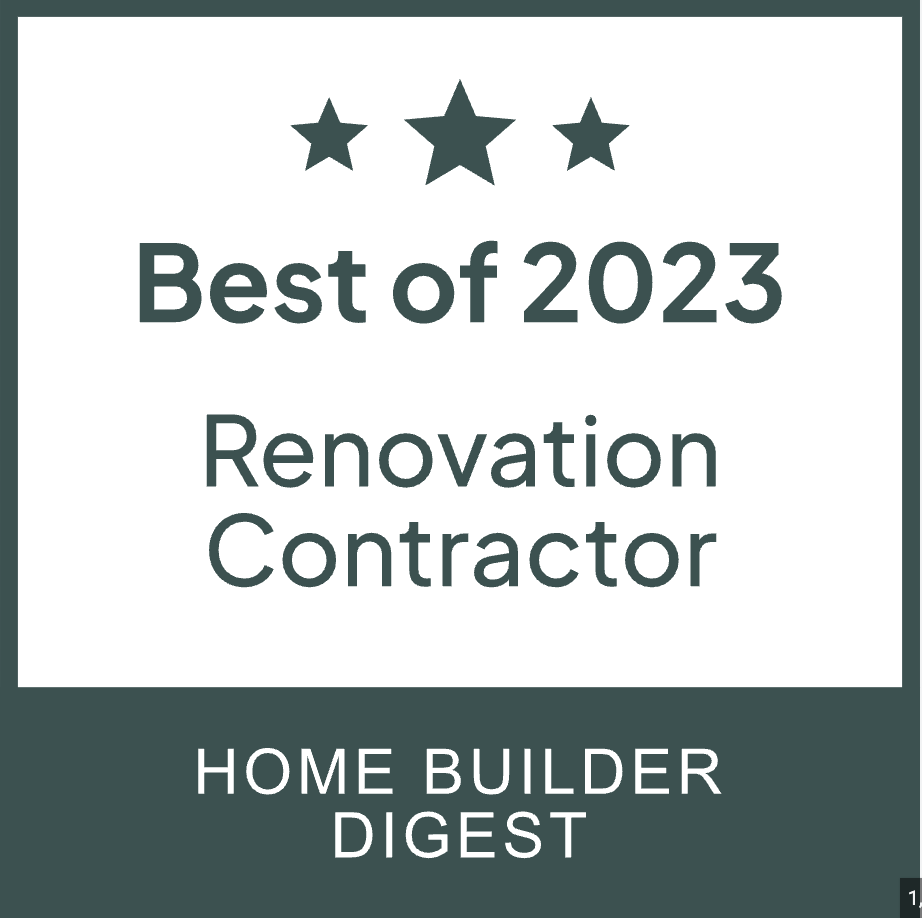 Badge awarded for Best of 2023 Renovation Contractor by Home Builder Digest, featuring three stars at the top.