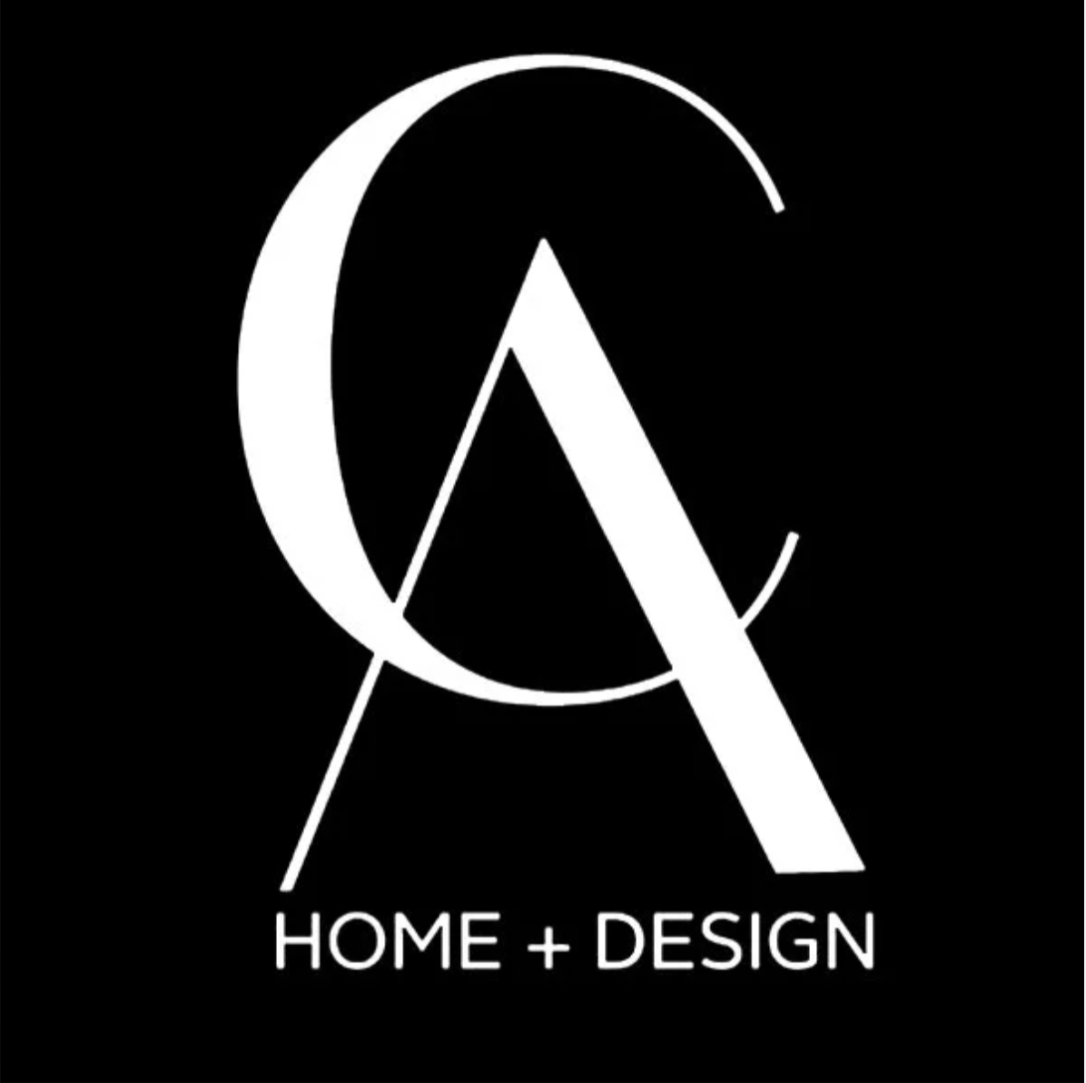 Black background with a white stylized letter 'A' and a circle, and the words 'HOME + DESIGN' below.