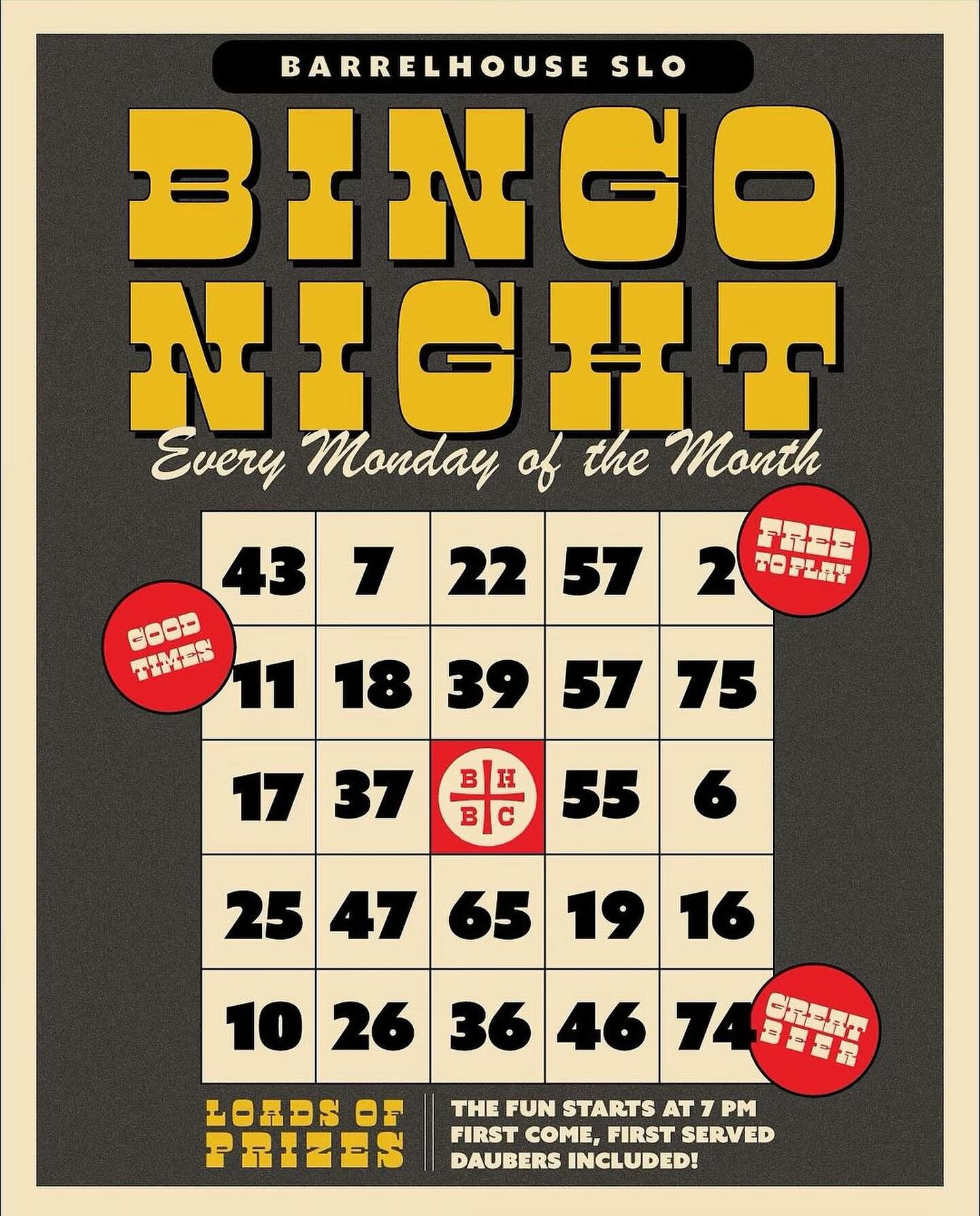 Start off your week the right way with BINGO!🍻
Bingo is every Monday from 7-9pm! 

Other happenings at bhbc slo this week
Monday: BINGO 
Tuesday: SLOCALS NIGHT 
Discount beers all night! $2 off Flagship beers and Seltzers// $1 off BIG SUR DIPA
Wedne