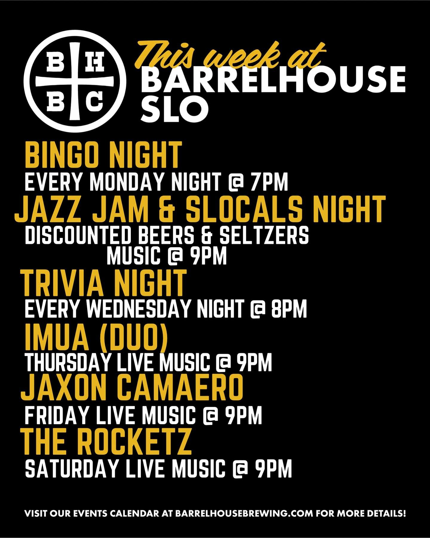 Don&rsquo;t worry, we will always have something going on at the taproom! 🙃

Come check out what&rsquo;s going down this week at Barrelhouse in downtown SLO! 🙌🏻

Tonight kicks off our week with Bingo Night at 7pm! 🤠

Cheers! 🍻

#barrelhousebrewi