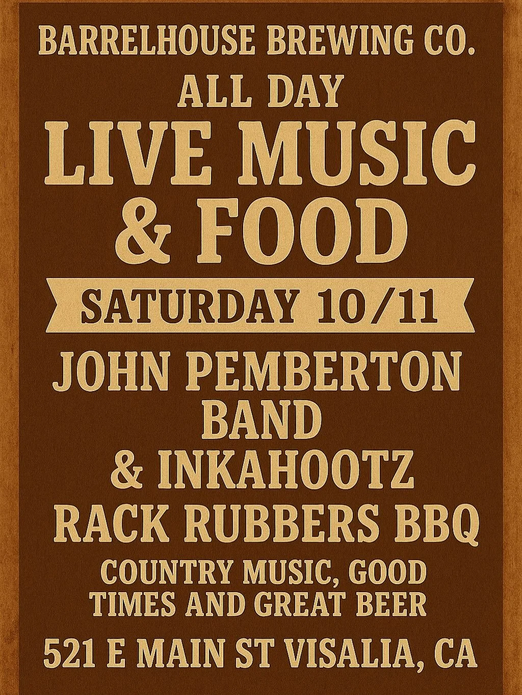 Saturdays at the taproom done better!! 
This Saturday! Grab your dancing boots &amp; a pint 🍻 
 Live music double header ft. 
John Pemberton (3&ndash;9pm) 
In Kahootz (7&ndash;10pm) 🍻 Plus, Rack Rubbers BBQ serving up the eats all day 🔥🍖 Cold bee