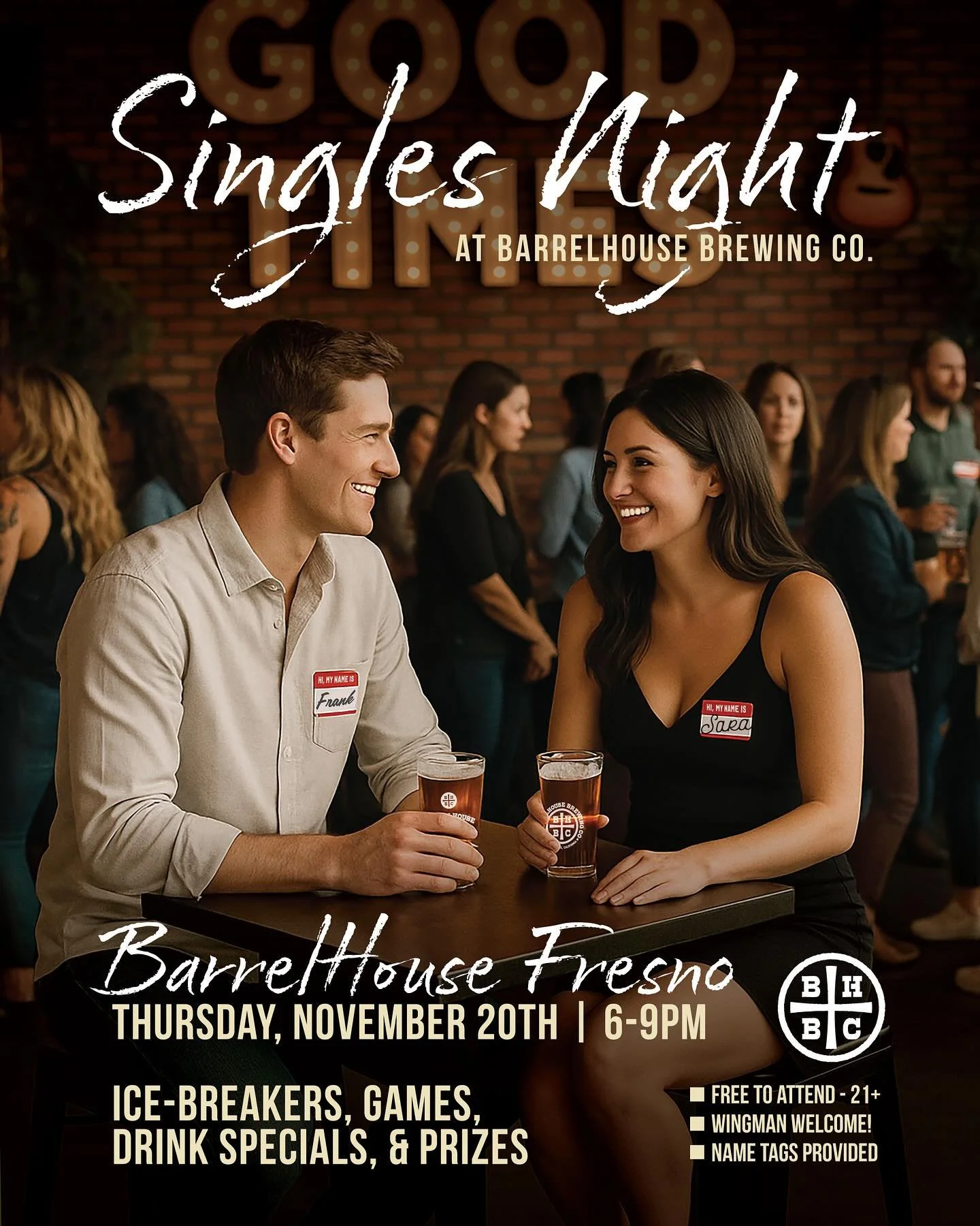 Alright Fresno, you asked for it… and we’re delivering! 
💥 FIRST EVER Singles Night @ BarrelHouse Fresno!
Thursday, Nov 20 | 6–9PM
Grab a beer, meet someone new, and jump in our game show for a chance to win a date night on us!