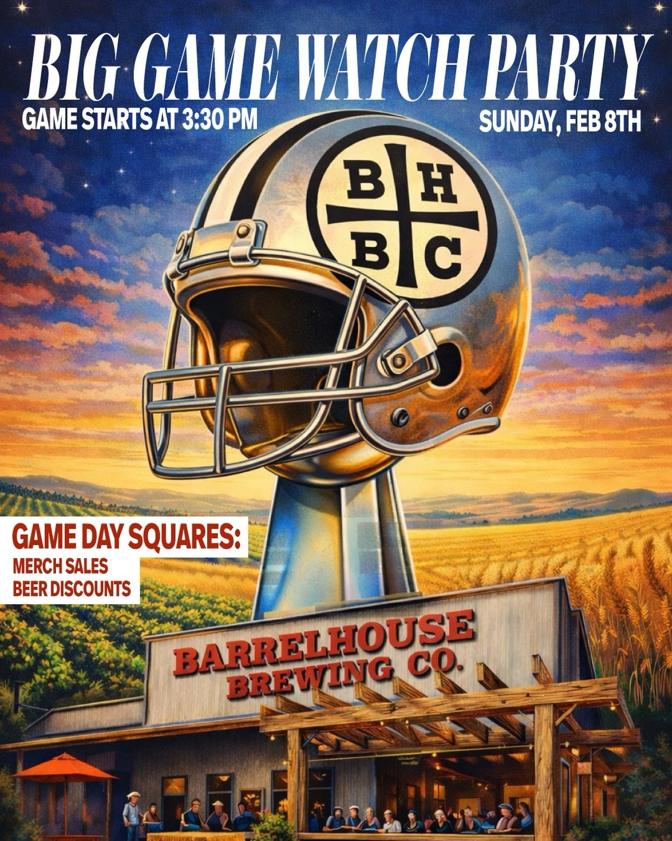 BIG GAME WATCH PARTY AT BARRELHOUSE 

Game on. Sound up. Beers flowing. Join us at ALL BarrelHouse locations for the ultimate Big Game Watch Party &mdash; kickoff at 3:00 PM with TVs + full audio on so you don&rsquo;t miss a single play.

TOUCHDOWN B