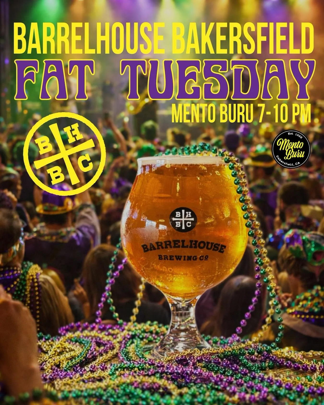 Fat Tuesday at BarrelHouse Bakersfield 🎭🍻

We&rsquo;re bringing Mardi Gras to the taproom with a full night of live music, Fat Tuesday energy, and good times. Mento Buru hits the stage from 7&ndash;10 PM, Fabulous Faces will be on-site with face pa