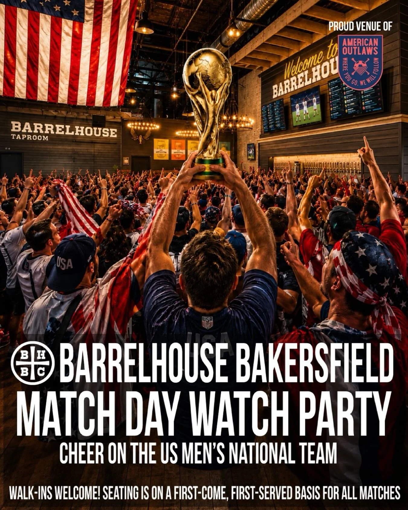 🇺🇸⚽️ BIG NEWS, BAKERSFIELD ⚽️🇺🇸

BarrelHouse is now an American Outlaws watch party location! 🍻
Come cheer on the US Men&rsquo;s National Team with us all tournament long &mdash; cold beer, giant crowd energy, and every match surrounded by fello