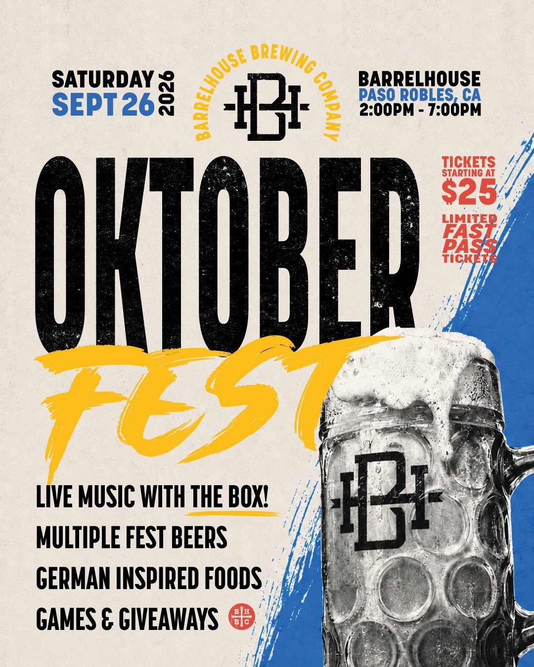 OKTOBERFEST IS TAKING OVER BARRELHOUSE. 🍻🇩🇪

Saturday, September 26, we&rsquo;re filling the Paso taproom with cold steins, loud music, German eats, questionable yodeling, and enough Oktoberfest shenanigans to keep things interesting.

2&ndash;7 P