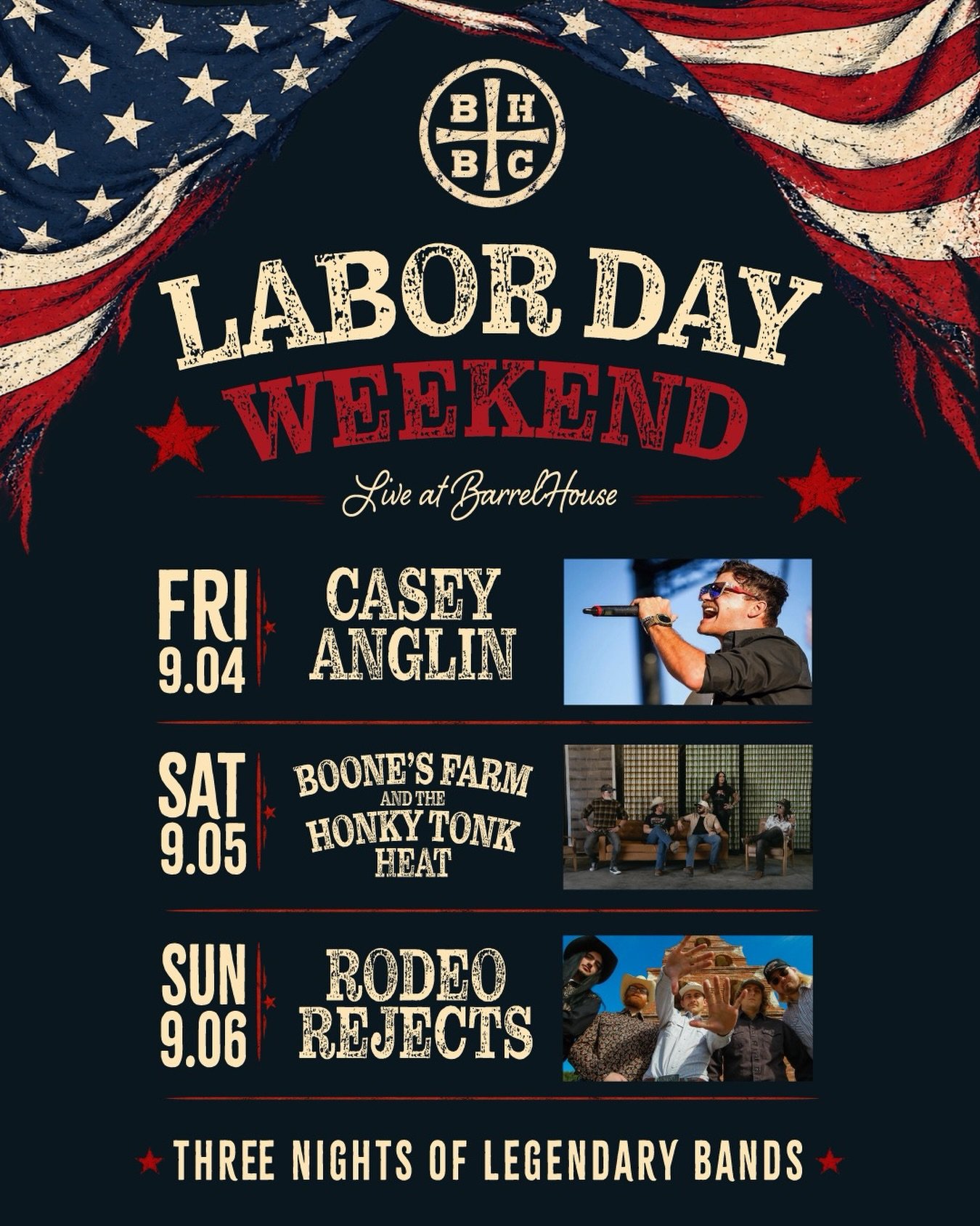 Labor Day Weekend is still a couple weeks out, but this lineup deserves some warning. 🔥

We&rsquo;re loading up the long weekend with three straight days of country music at BarrelHouse.

FRIDAY 9/4 | CASEY ANGLIN
SATURDAY 9/5 | BOONE&rsquo;S FARM
S