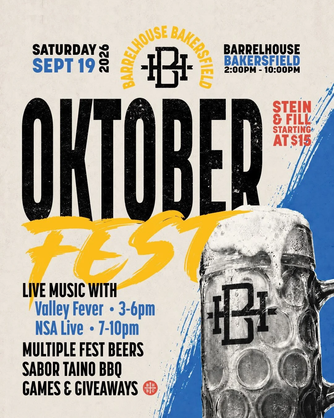 OKTOBERFEST IS TAKING OVER BARRELHOUSE. 🍻🇩🇪

Saturday, September 19, we&rsquo;re filling the Bakersfield taproom with cold steins, live music, delicious food, games, giveaways, and plenty of Oktoberfest shenanigans.

2&ndash;10 PM | BarrelHouse Ba