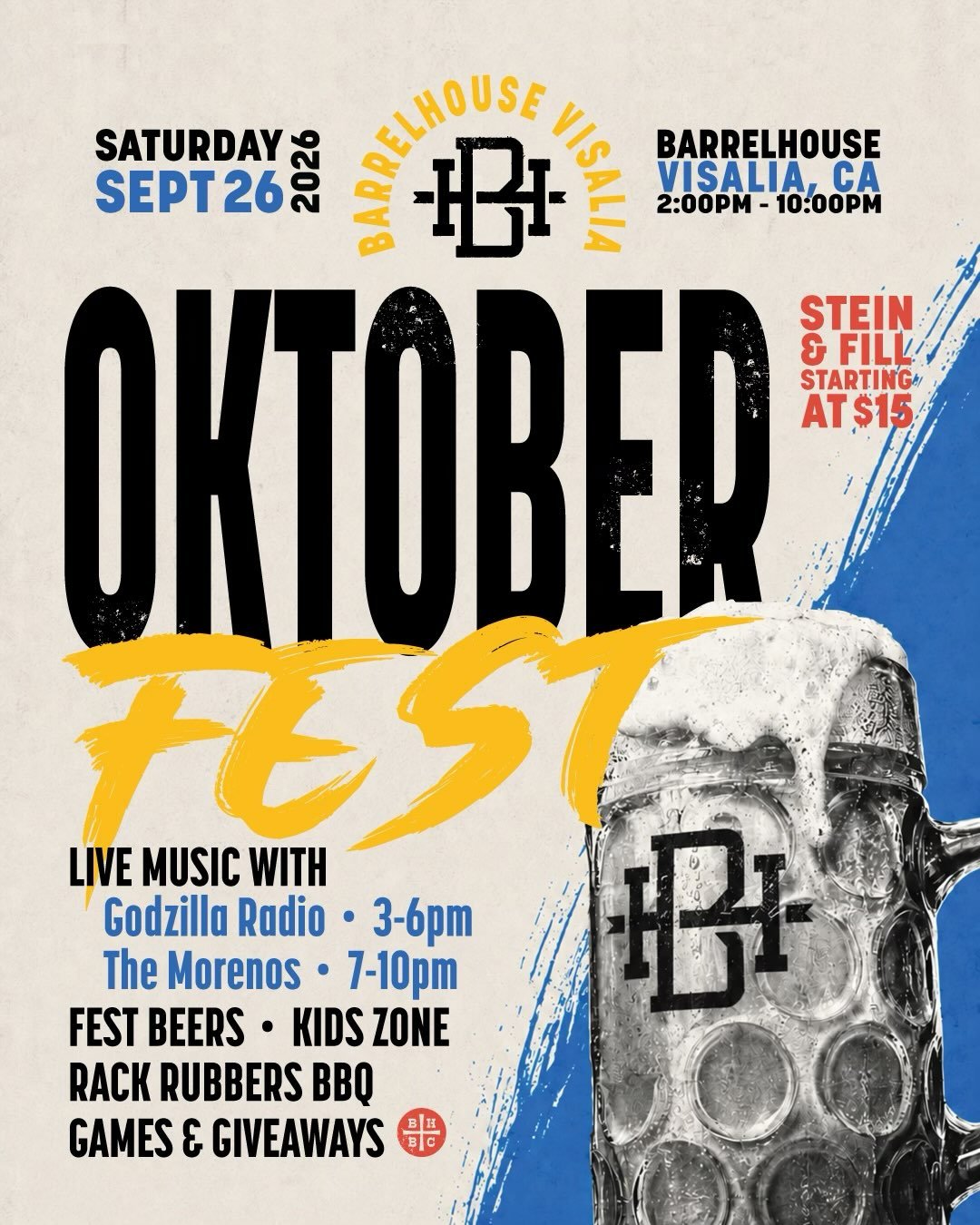 🍻 VISALIA, IT&rsquo;S TIME TO PROST! 🇩🇪🥨

Oktoberfest is taking over BarrelHouse Visalia on Saturday, September 26th! Get your crew together for an afternoon and evening of cold fest beers, overflowing steins, live music, great food &amp; all the