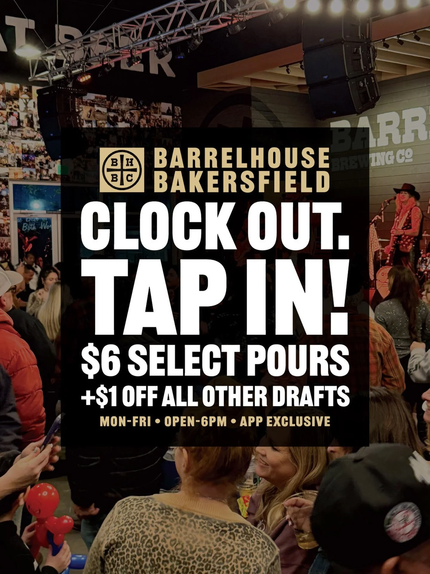 CLOCK OUT. TAP IN! 🍻 Your weekdays just got a little better at BarrelHouse Bakersfield!

Grab your crew and unwind with cold beer, good company and our NEW weekday deals:

🍺 $6 select pours
🙌 $1 off all other drafts
🗓 Monday&ndash;Friday | Open&n