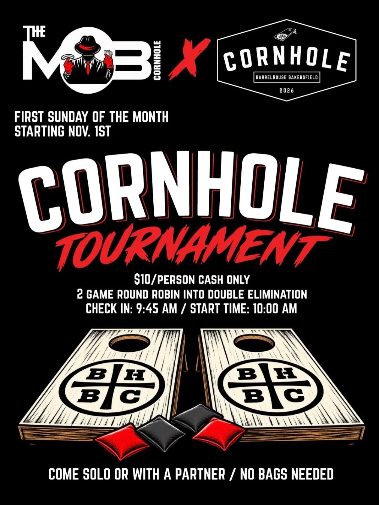 Bags fly, beers flow, and bragging rights are on the line! 🍻🏆 Join The Mob Cornhole at BarrelHouse Bakersfield the FIRST SUNDAY of every month, starting November 1!

🕤 Check-in: 9:45 AM | Bags fly: 10 AM
💵 $10 per person &mdash; cash only
🎯 2-ga