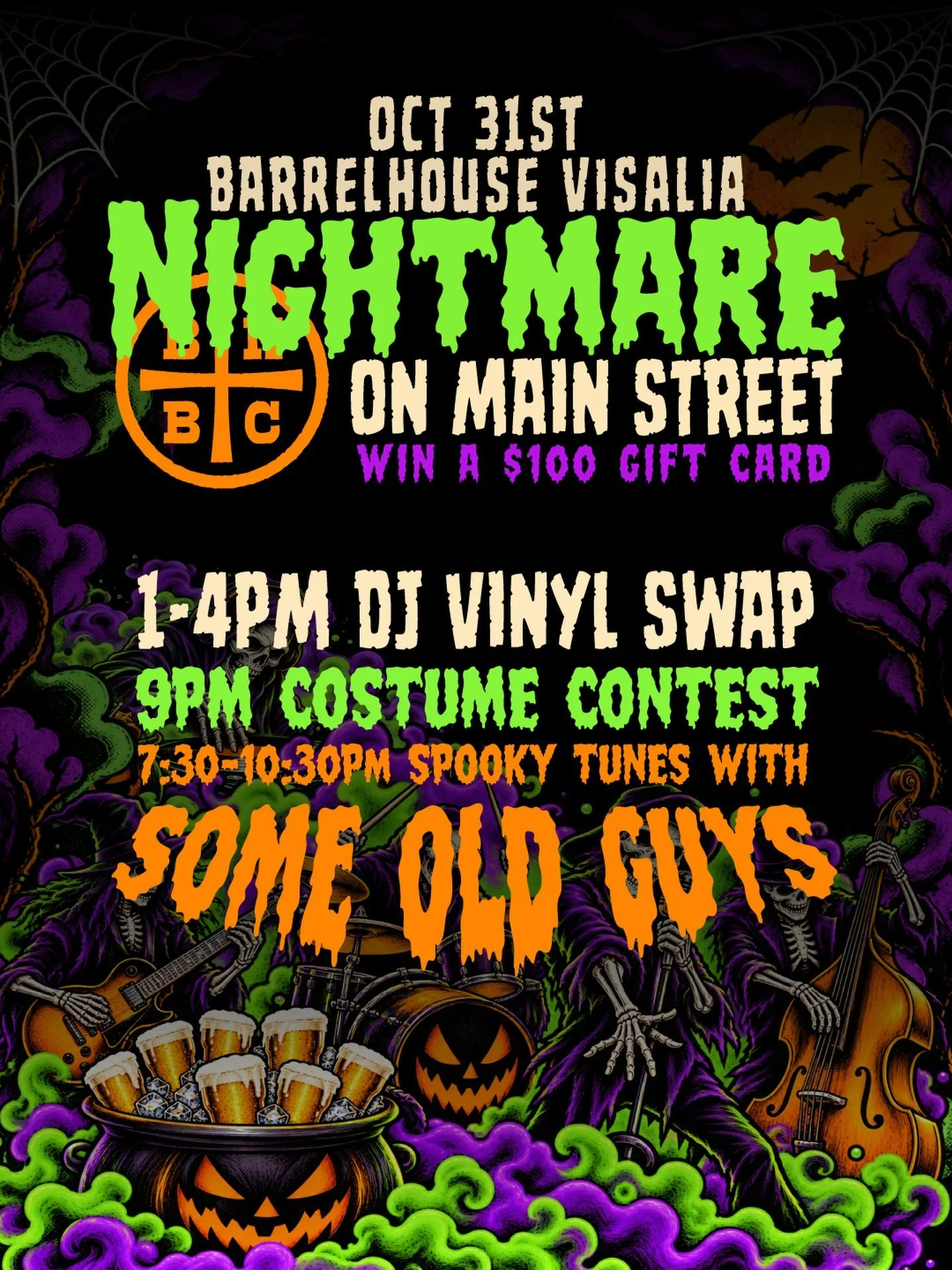 Visalia, we&rsquo;re bringing the BOO-ze and spooky vibes to Main Street! 🎃🍻👻

💿 1&ndash;4 PM: DJ Vinyl Swap\
💀 6 PM: Costume Contest\
🎸 7:30&ndash;10:30 PM: Spooky tunes with Some Old Guys\
🎁 Enter to win a $100 gift card!

Costumes encourage