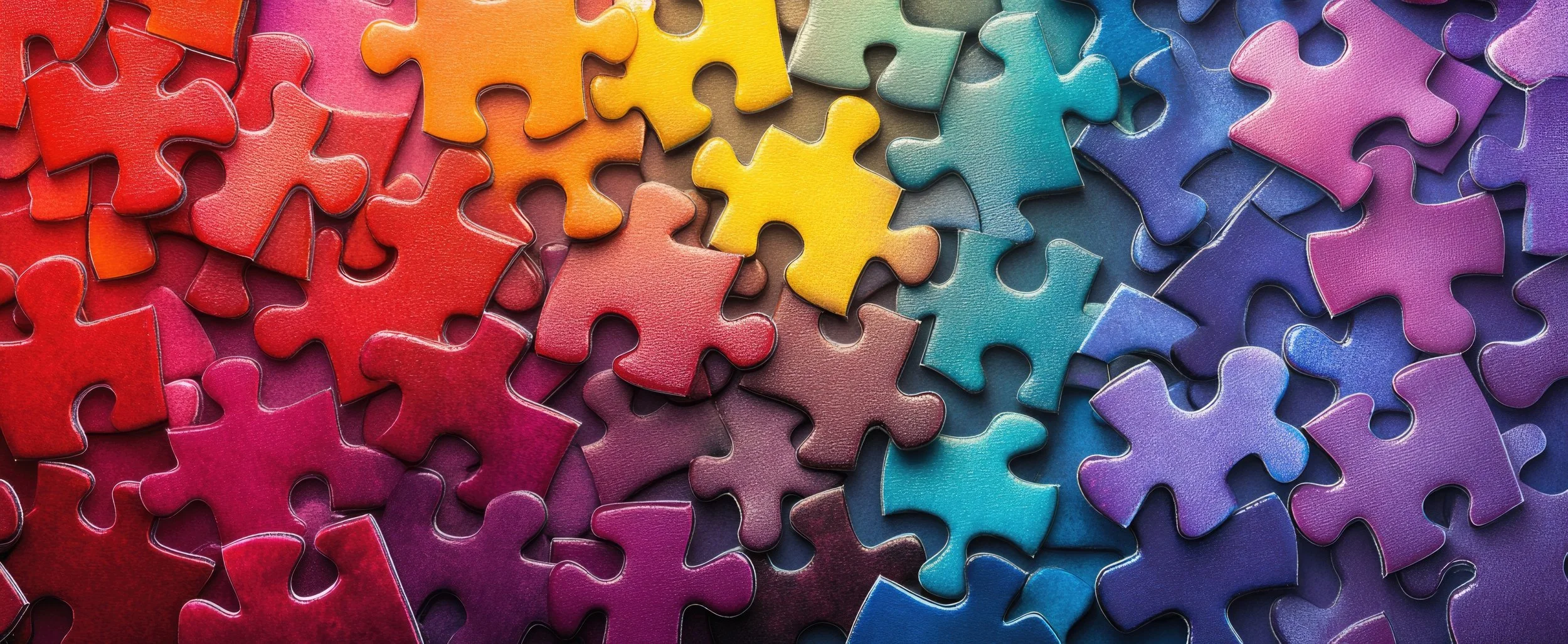 Colorful puzzle pieces arranged in a rainbow pattern.