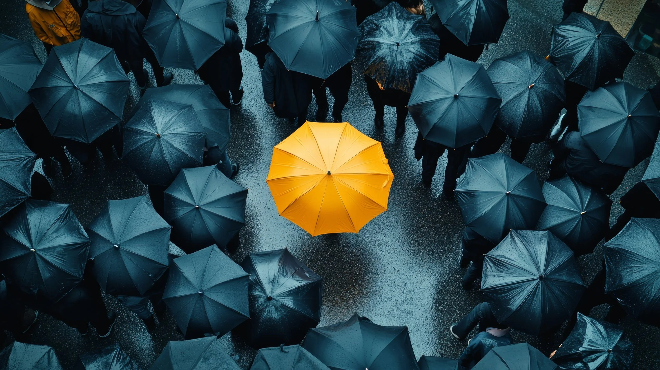 Overhead view of a crowd of people holding black umbrellas with one bright yellow umbrella in the center.