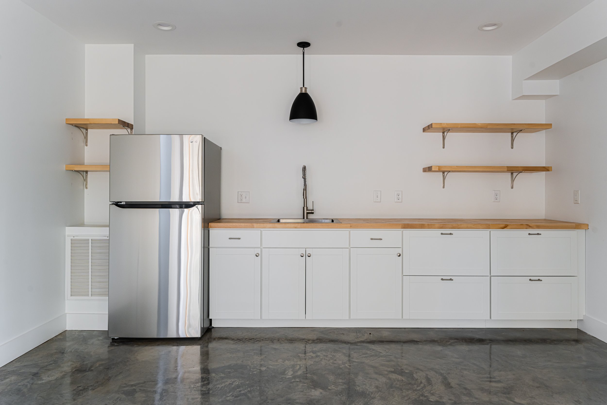 Asheville Interior Design - Modern Basement Kitchenette + Concrete Floors