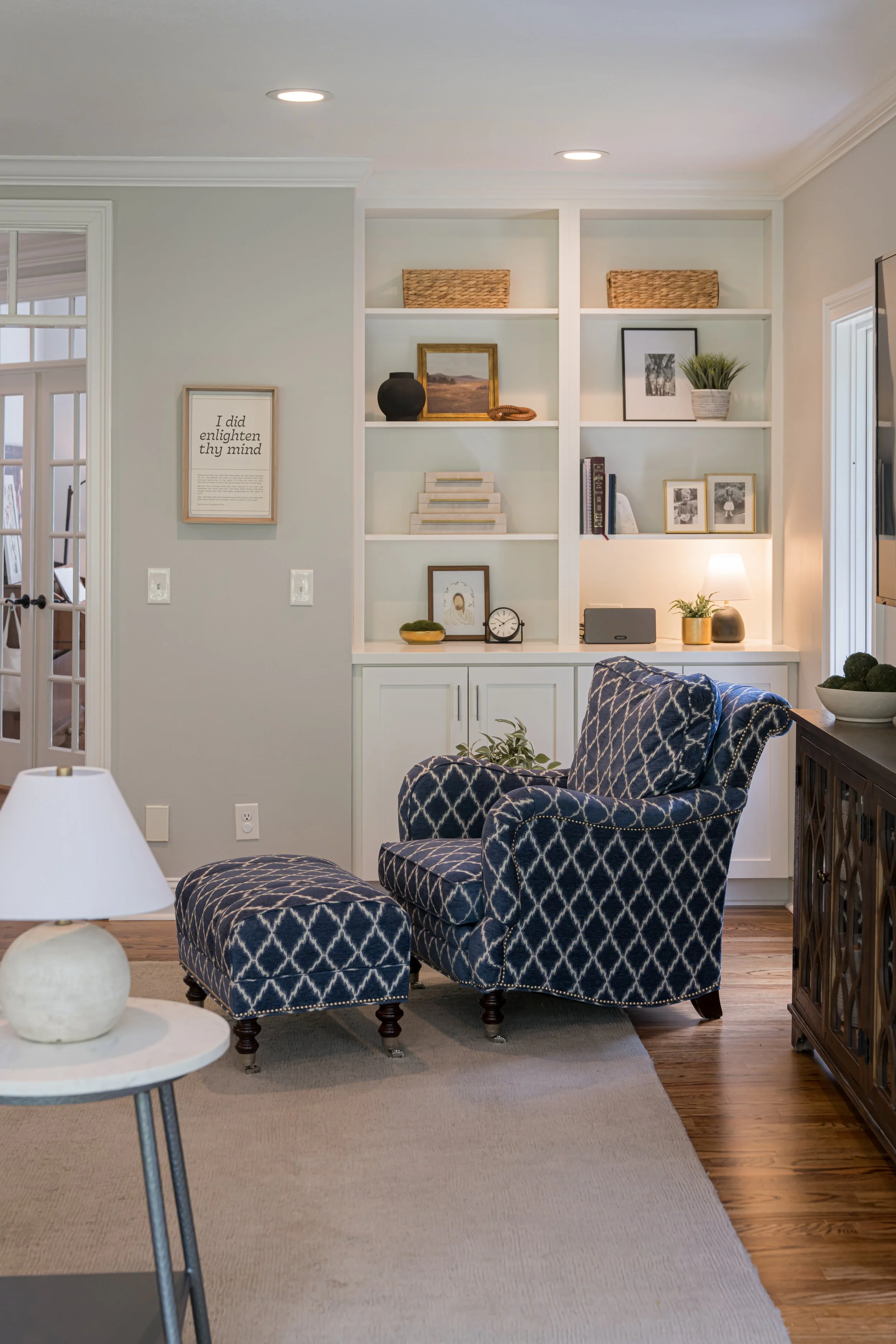 Photo by Ryan Theede Photography - Asheville Interior Design; Classic meets modern living room with custom built-ins
