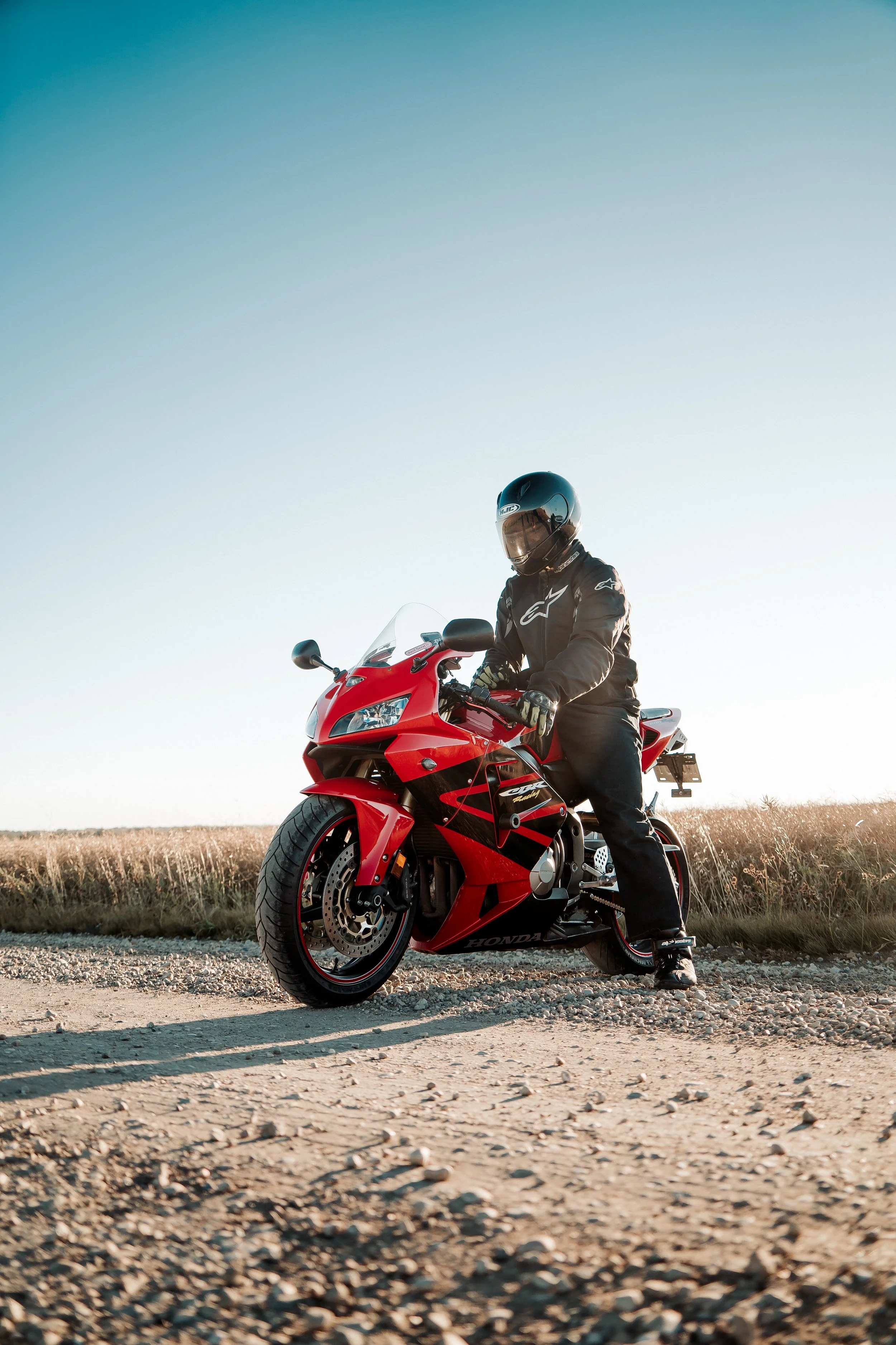 Wide angle of motorcycle rider on Honda CBR | Edmonton motorcycle photographer DarkShark Media