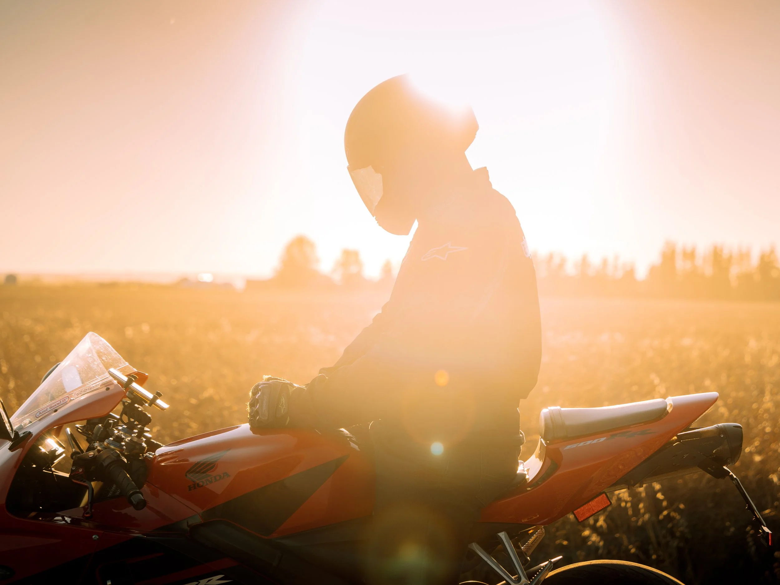 Motorcycle rider sitting on red Honda CBR | Edmonton motorcycle photographer DarkShark Media
