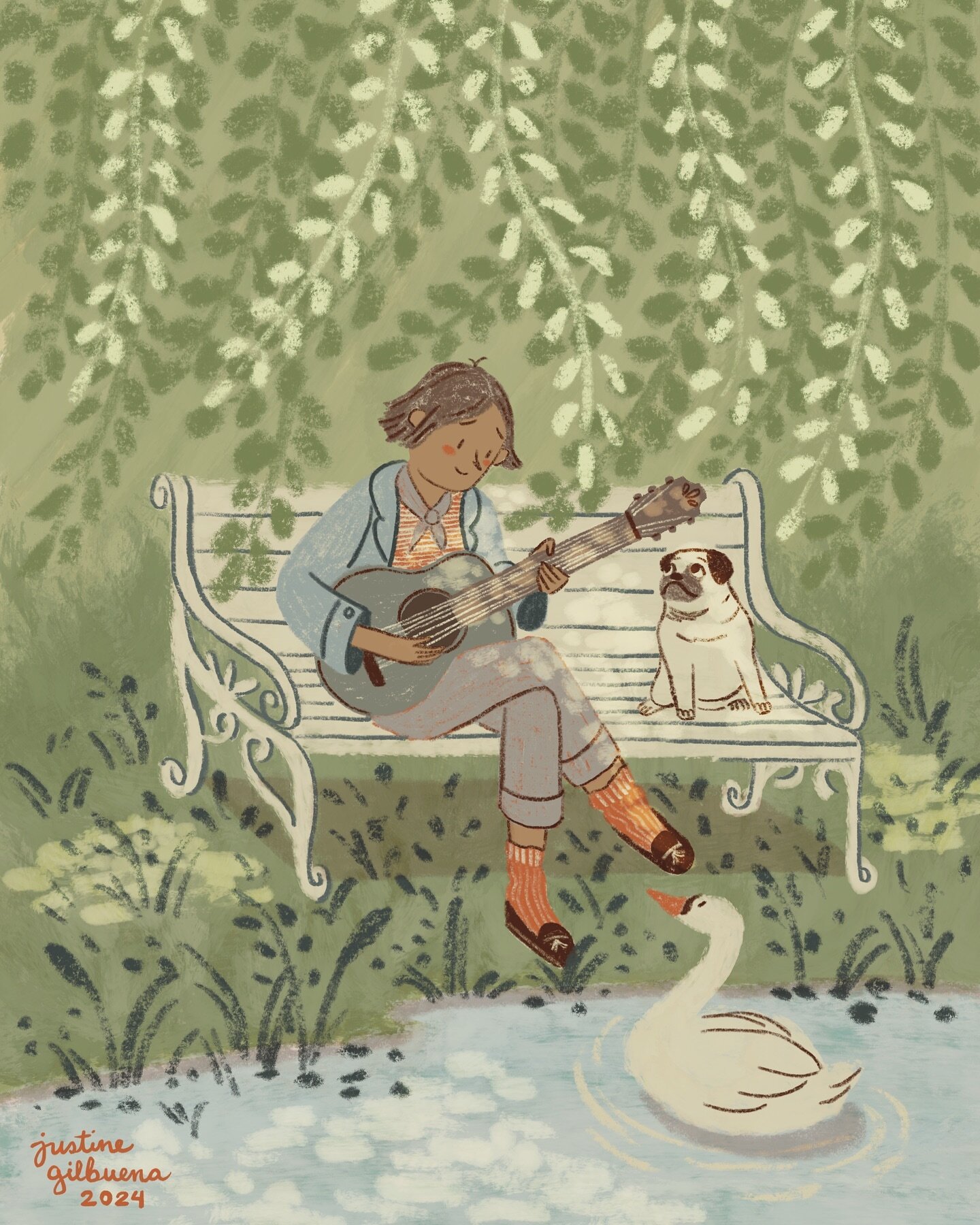 This month&rsquo;s snail mail postcard 💌 Inspired by a stranger who played guitar by the pond. The pug is one of my patron&rsquo;s pets. I try to include a pet in every postcard drawing. ☺️ #cafenookclub