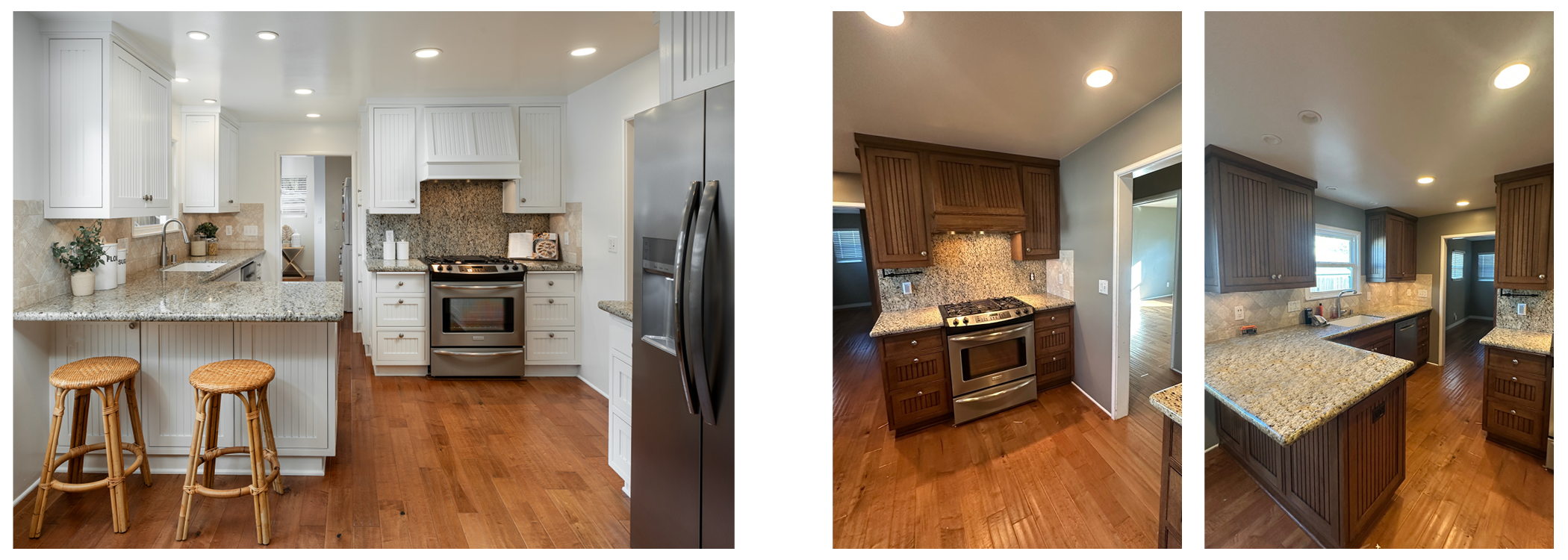 Images of a kitchen interior, showing a transition from a white cabinet and light granite countertops on the left to darker wood cabinets and matching granite on the right, with hardwood flooring and recessed lighting.