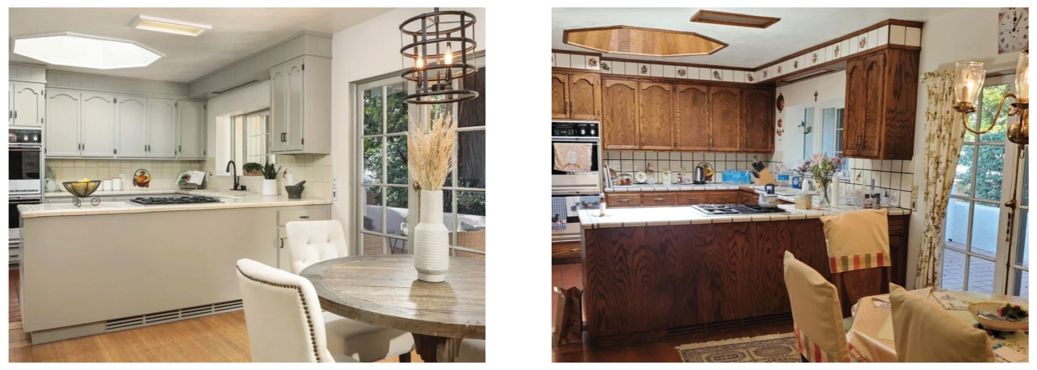 Side-by-side comparison of two kitchens, the left kitchen has white cabinets and a round dining table with white padded chairs, the right kitchen has dark wood cabinets, floral curtains, and a rectangular dining table with chairs.