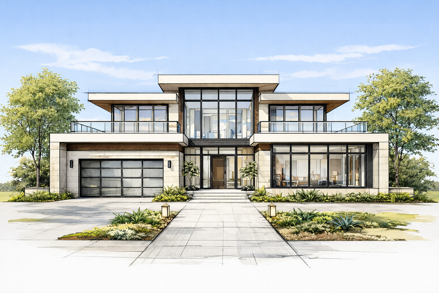 Architectural drawing of a modern, multi-story house with large glass windows, a garage, and landscaped front yard with trees and plants.