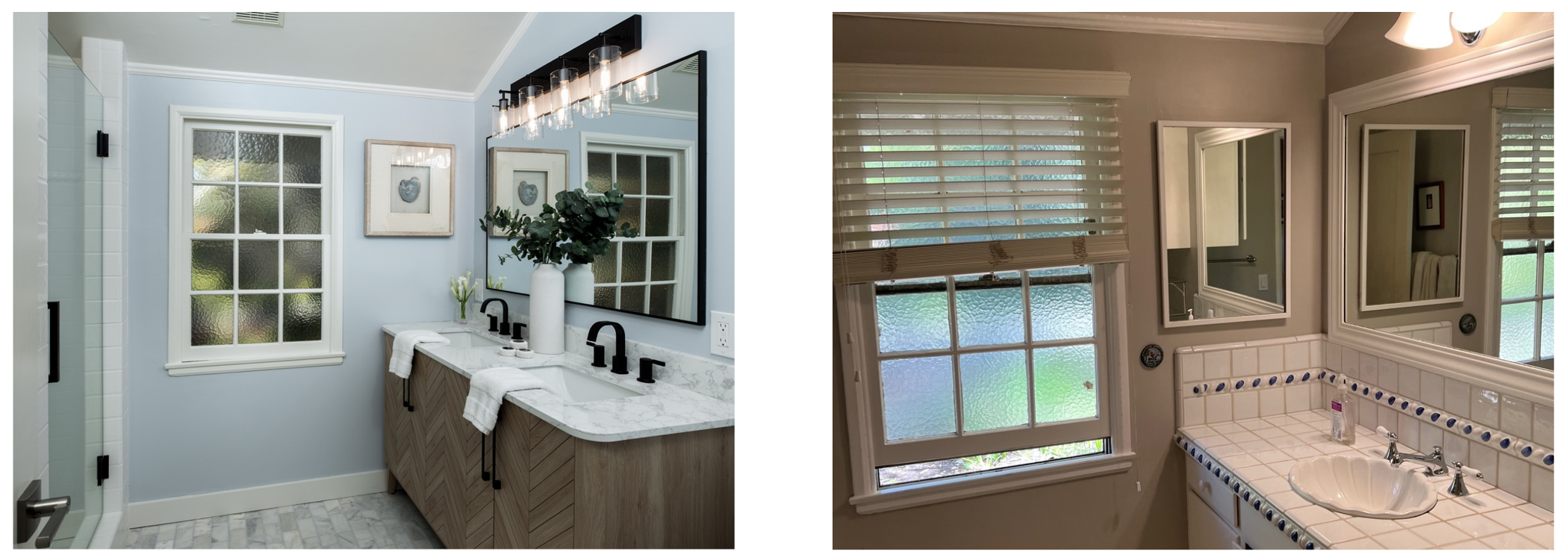 Comparison of images: The left side shows a modern bathroom with light blue walls, a marble countertop, black fixtures, a large mirror, framed art, and decorative vases. The right side depicts a traditional bathroom with beige walls, a tiled countertop, a mirrored cabinet, and a window with blinds.