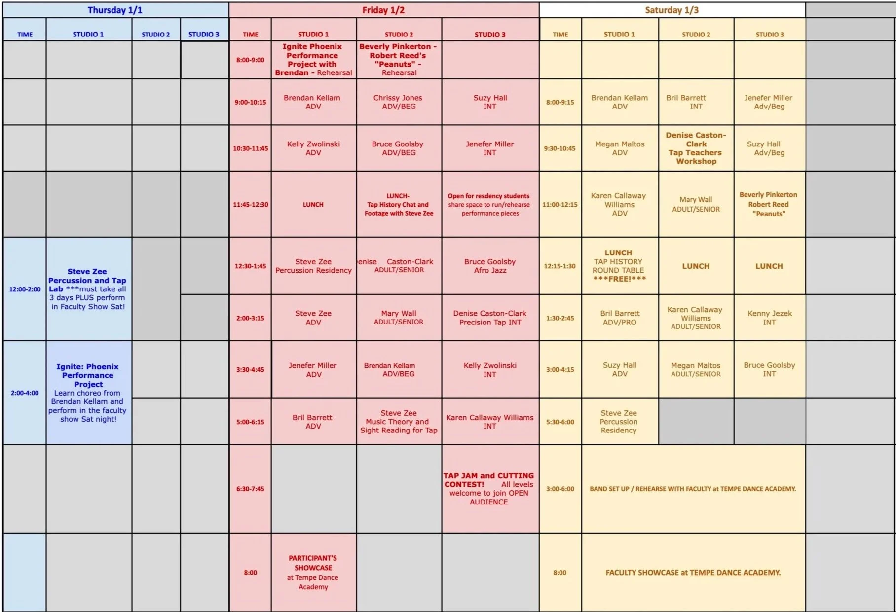 A weekly schedule for dance performances, rehearsals, workshops, and events, organized by days from Thursday to Saturday, with different color-coded sections for each day.