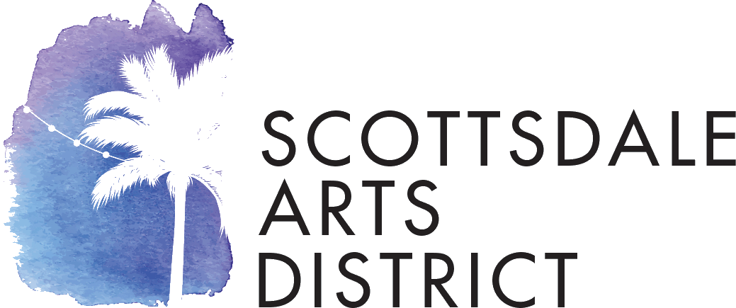 Stylized logo of Scottsdale Arts District featuring a black silhouette of a palm tree and a purple watercolor background with the text 'Scottsdale Arts District'.
