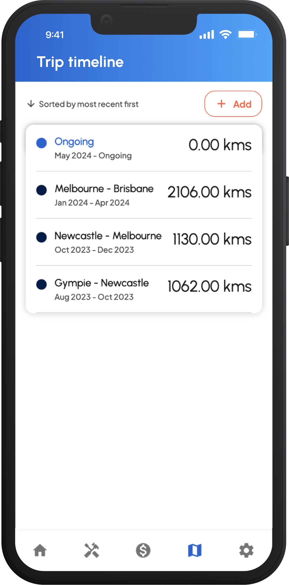 Screenshot of MyVan app trip timeline