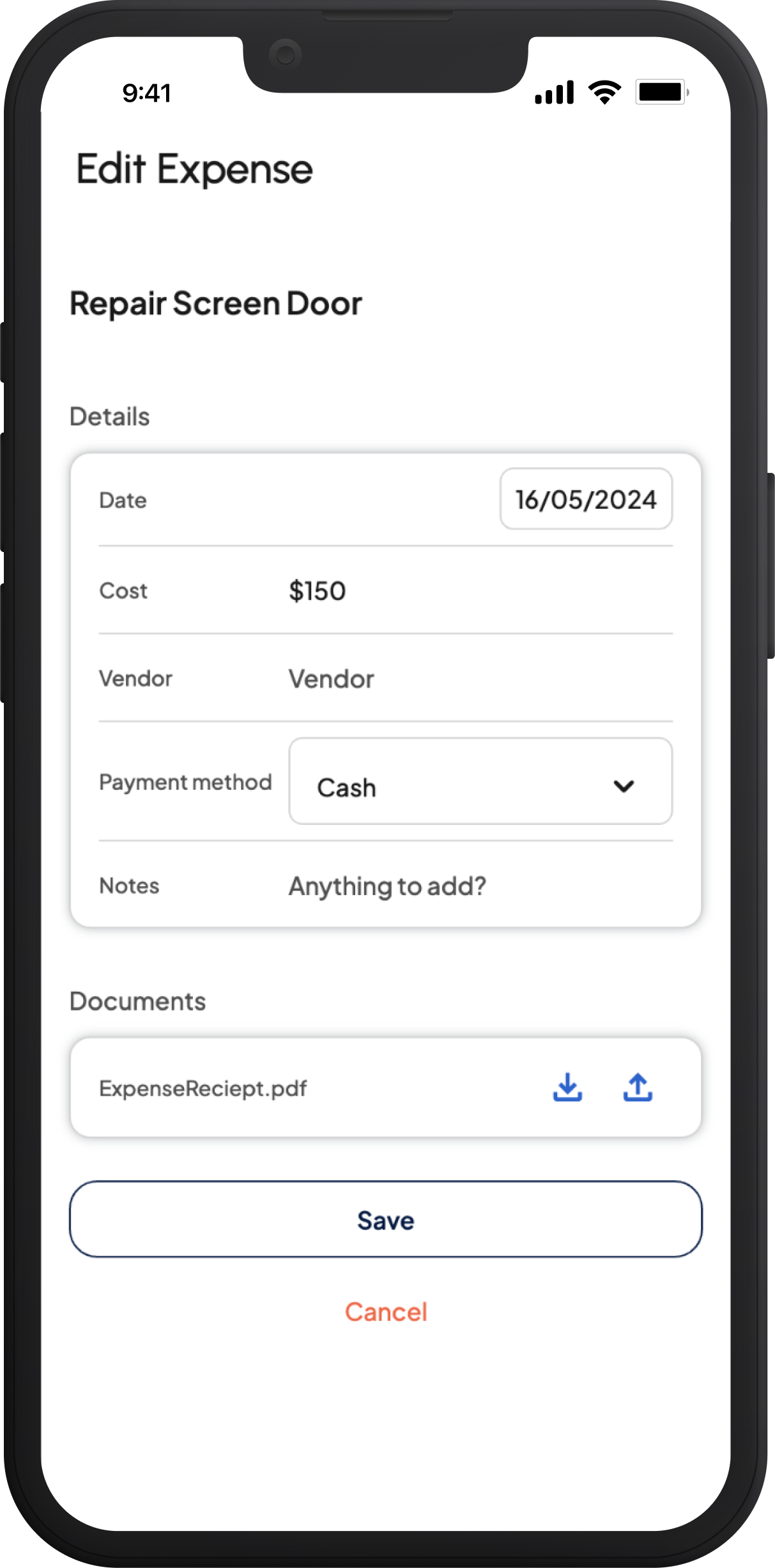 Screenshot of MyVan app expense item
