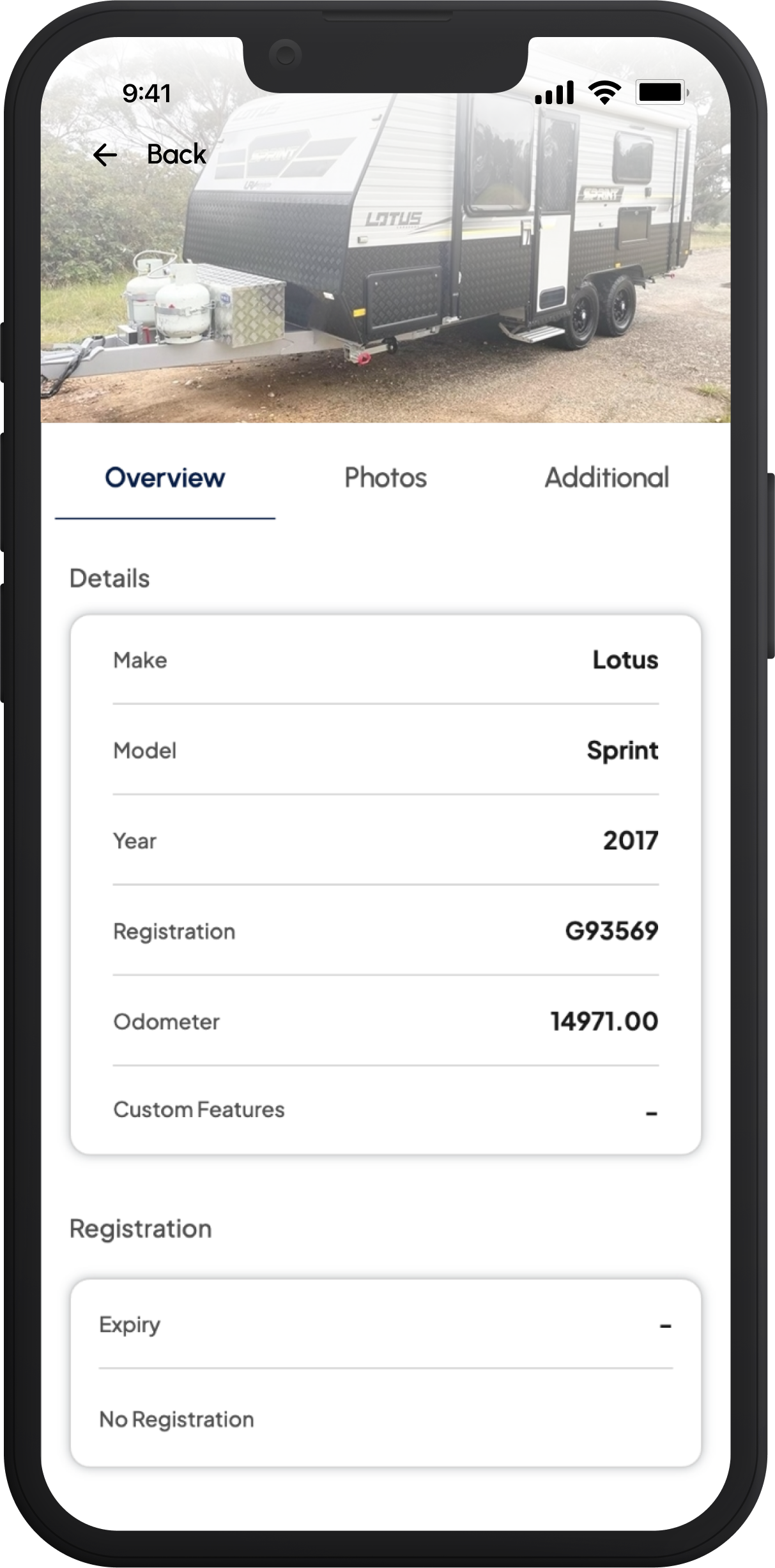 Screenshot of MyVan app van details