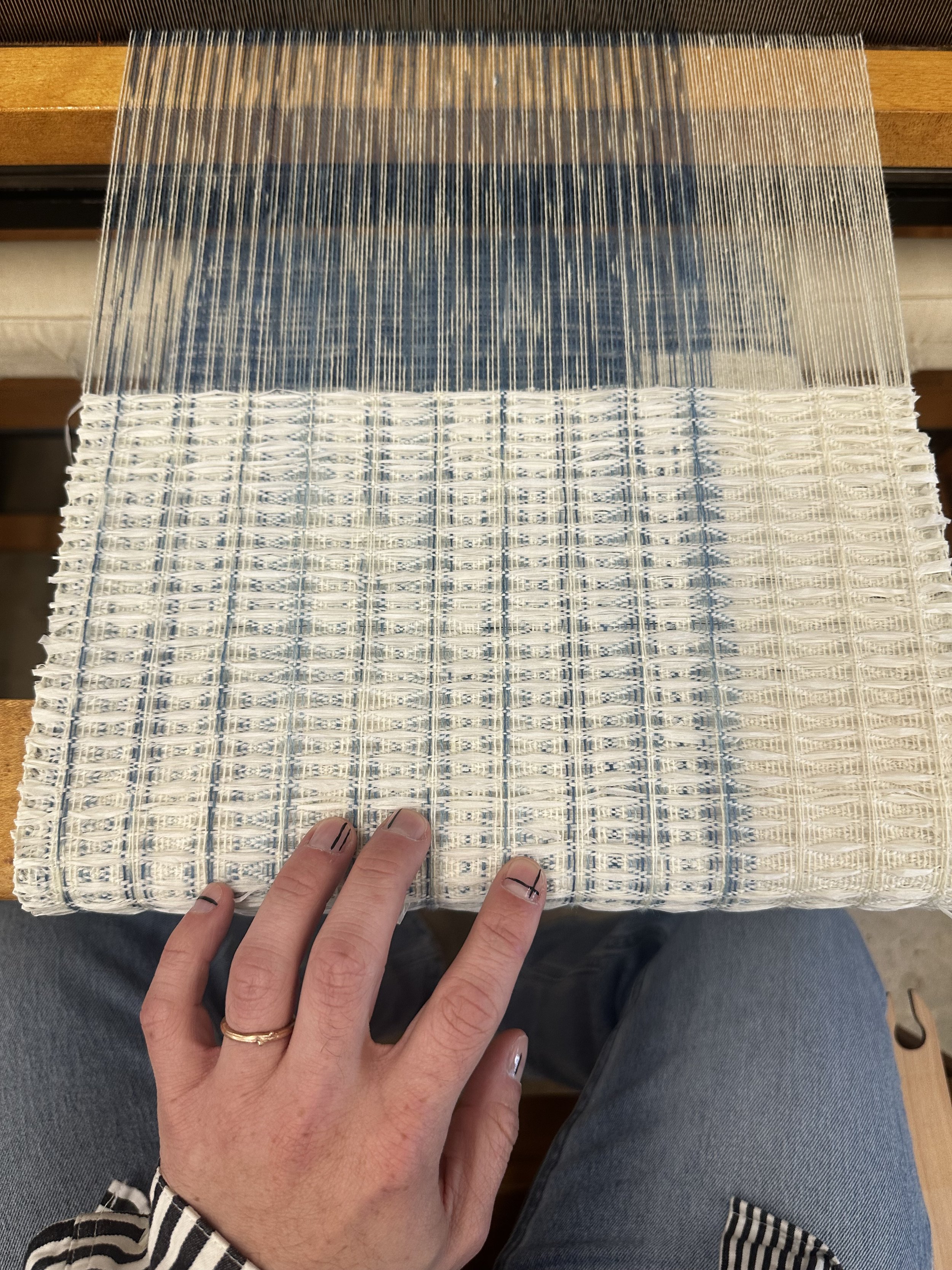 Indigo dyed linen, natural silk paper on loom