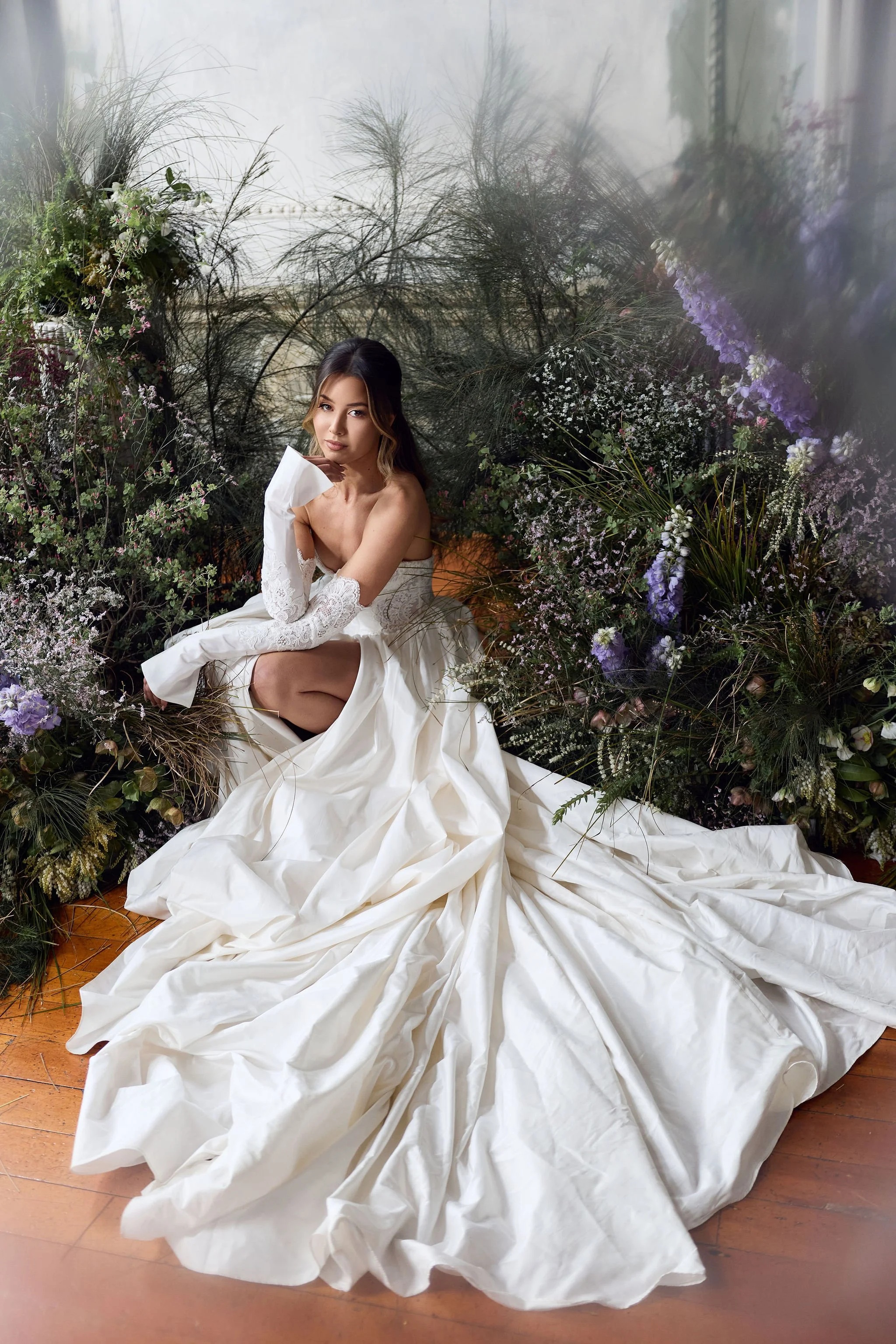  Pallas Couture bridal editorial. She oak and wild flowers, forest green and ancient backdrops. Bridal inspiration 2025. Bridal pose inspiration. 
