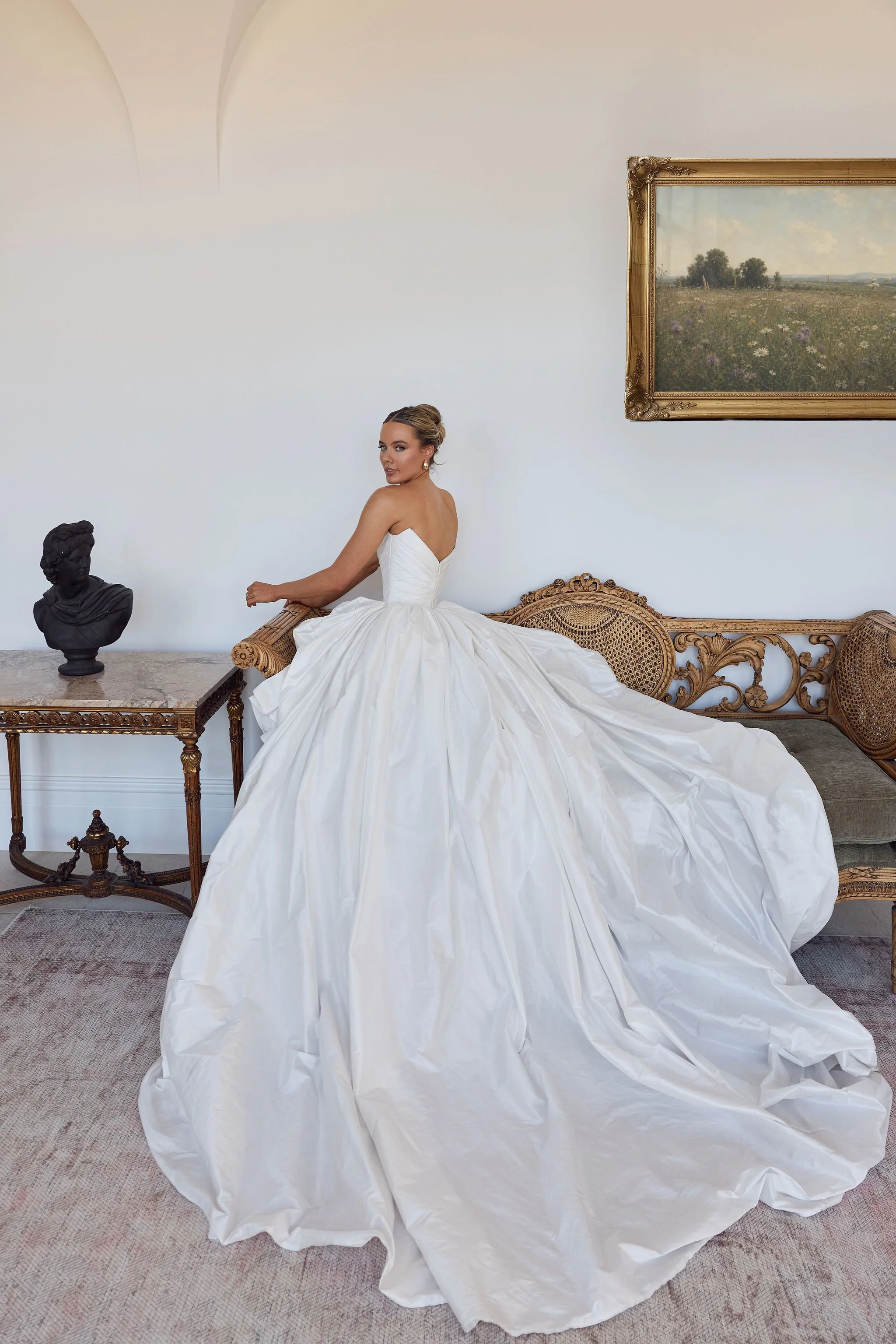 Editorial bridal portrait in strapless wedding gown and natural light