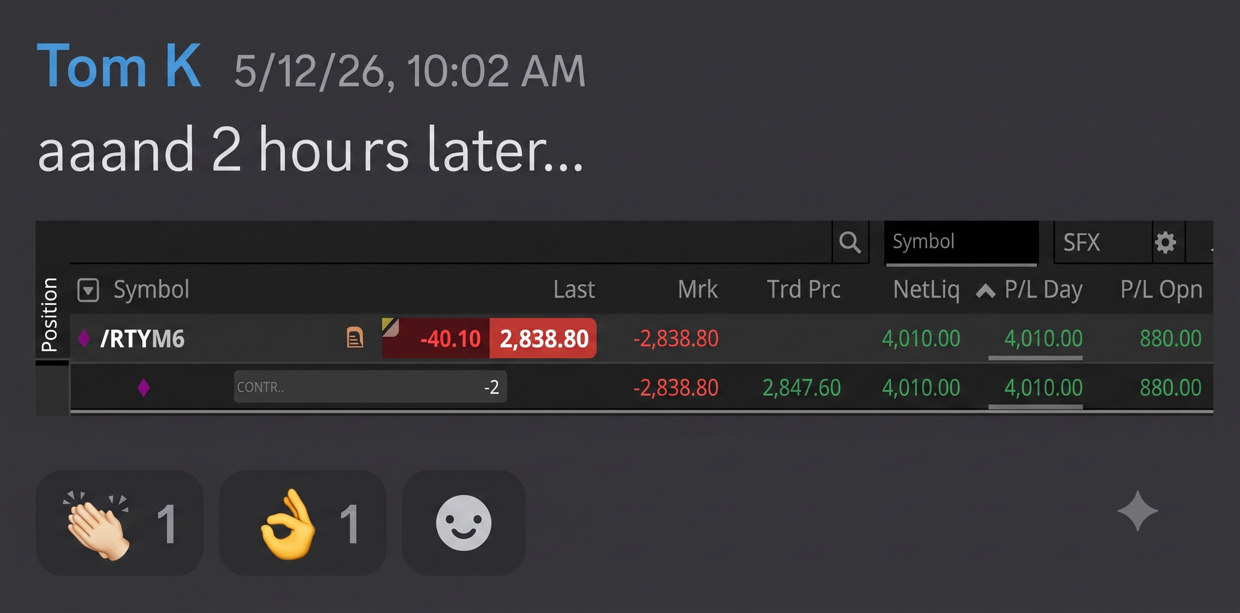 Tom K futures trade proof screenshot